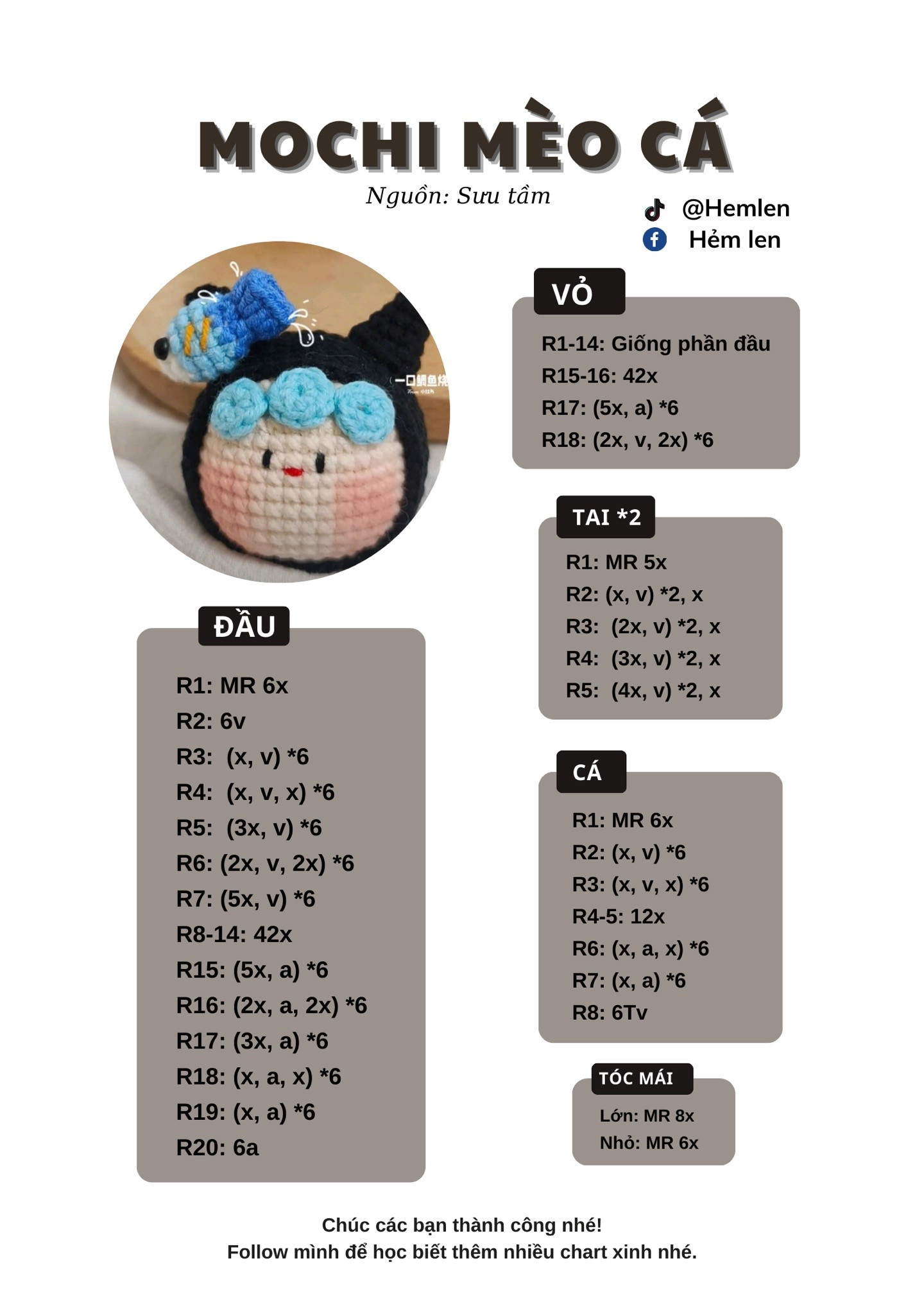 Chart móc len Mochi Mèo Cá dễ thương