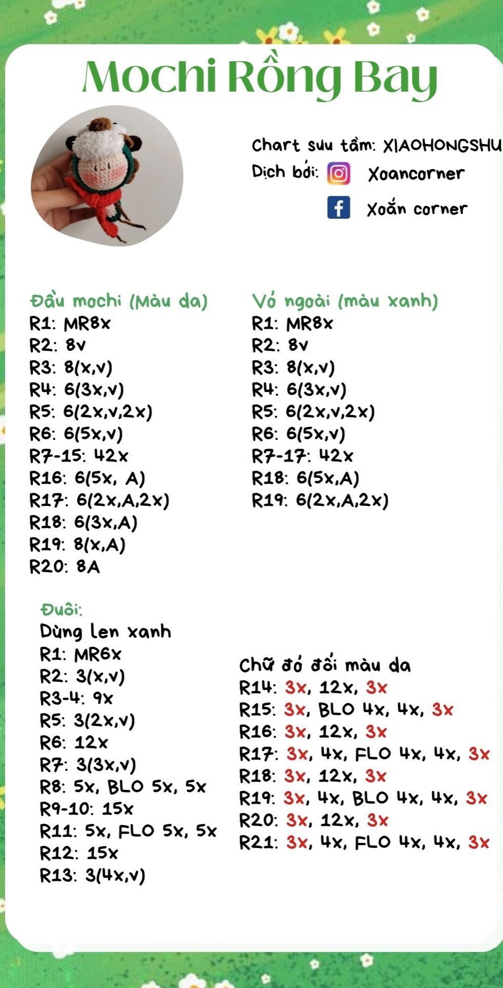 Chart móc len Mochi Rồng bay màu xanh và trắng