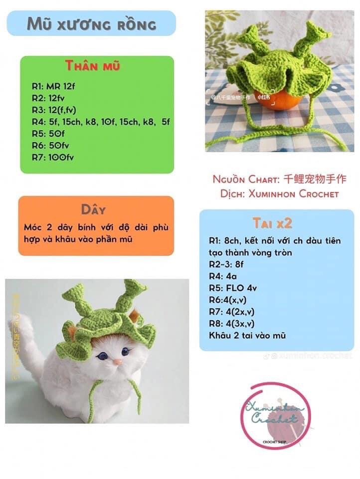 Chart Móc Len Mũ Lân và Mũ Xương Rồng Cho Thú Cưng