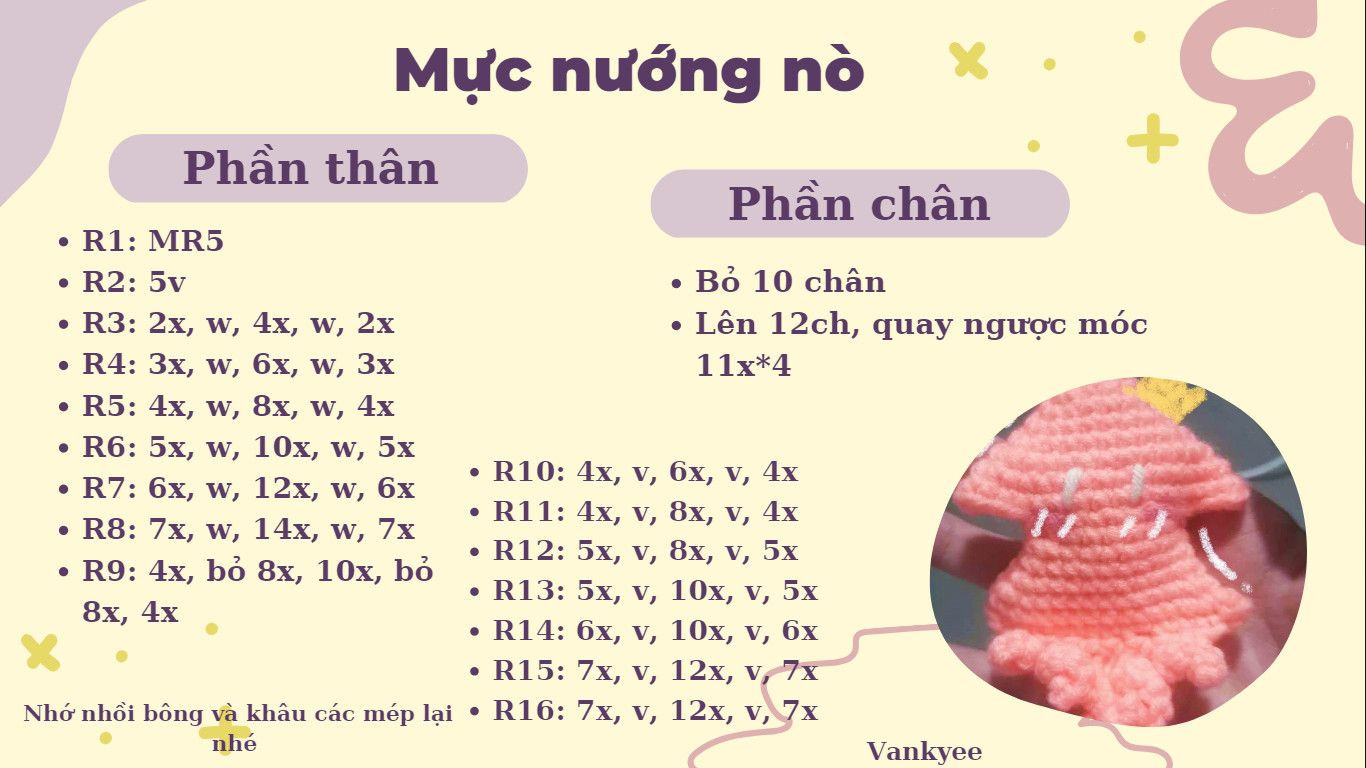 Chart móc len Mực nướng nò màu hồng dễ thương