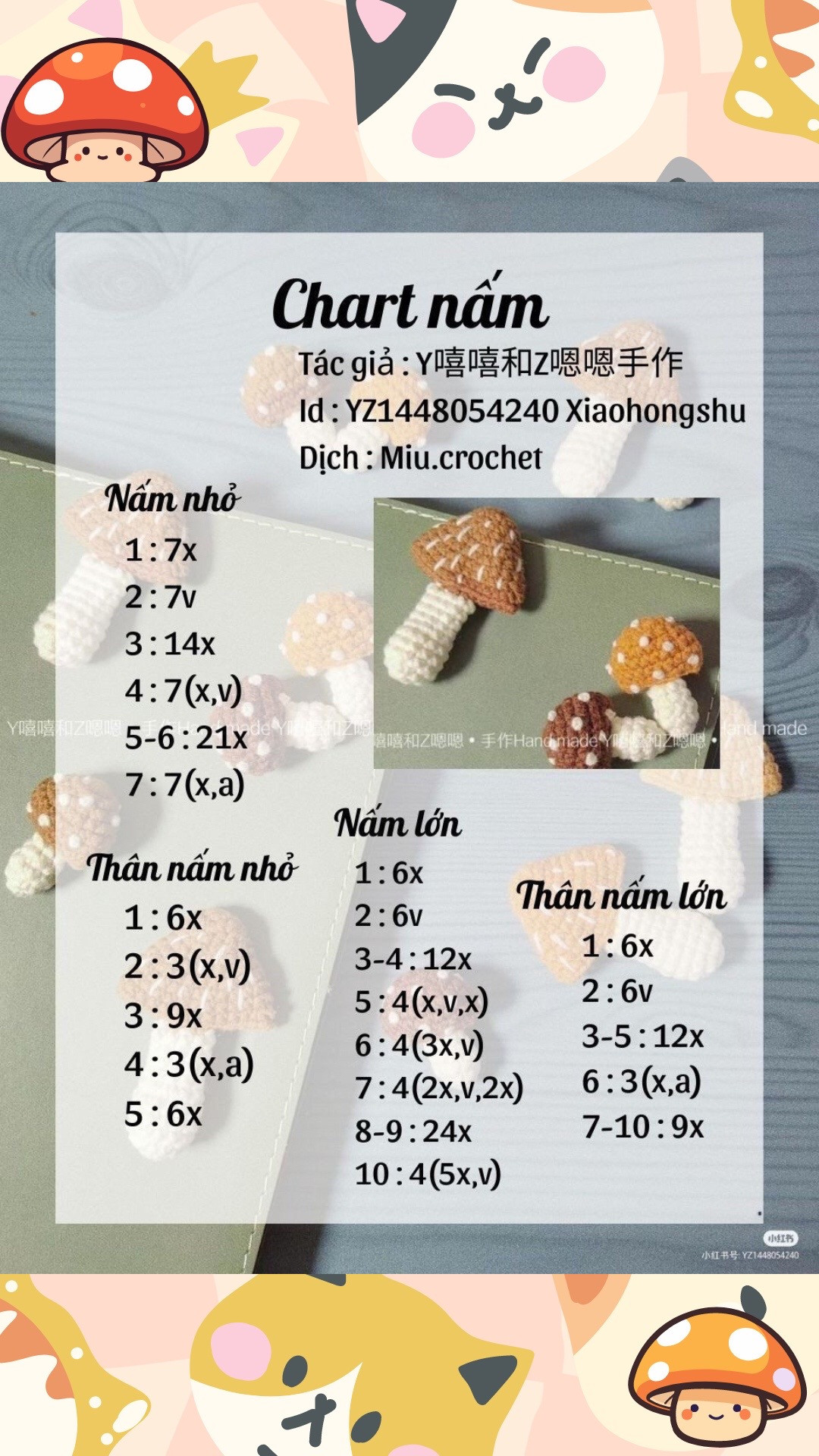 Chart móc len nấm nhỏ và nấm lớn, hướng dẫn chi tiết từng hàng với các màu nâu, trắng và cam