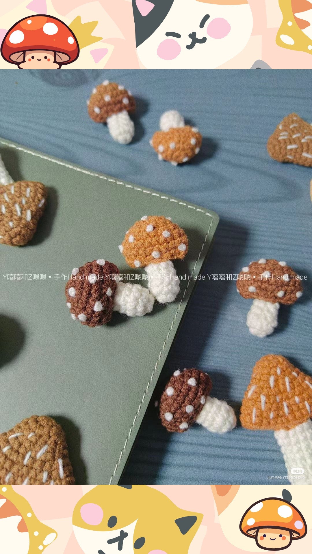 Chart móc len nấm nhỏ và nấm lớn, hướng dẫn chi tiết từng hàng với các màu nâu, trắng và cam