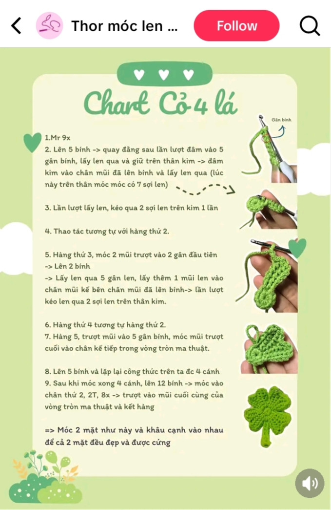 Chart móc len ngôi sao, hoa tím, cỏ 4 lá và chà cá màu pastel