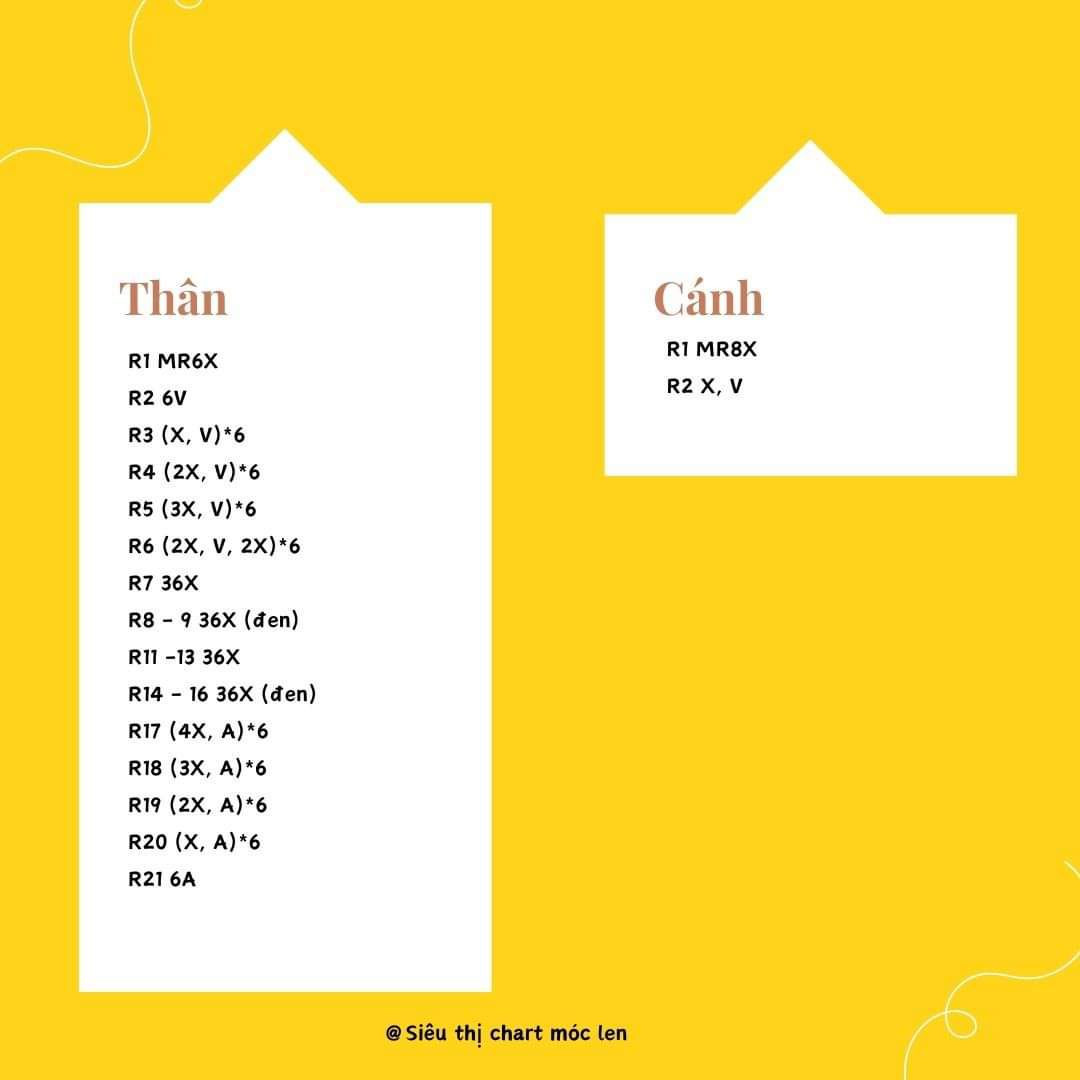 Chart móc len Ong Baby - Hướng dẫn chi tiết thân và cánh