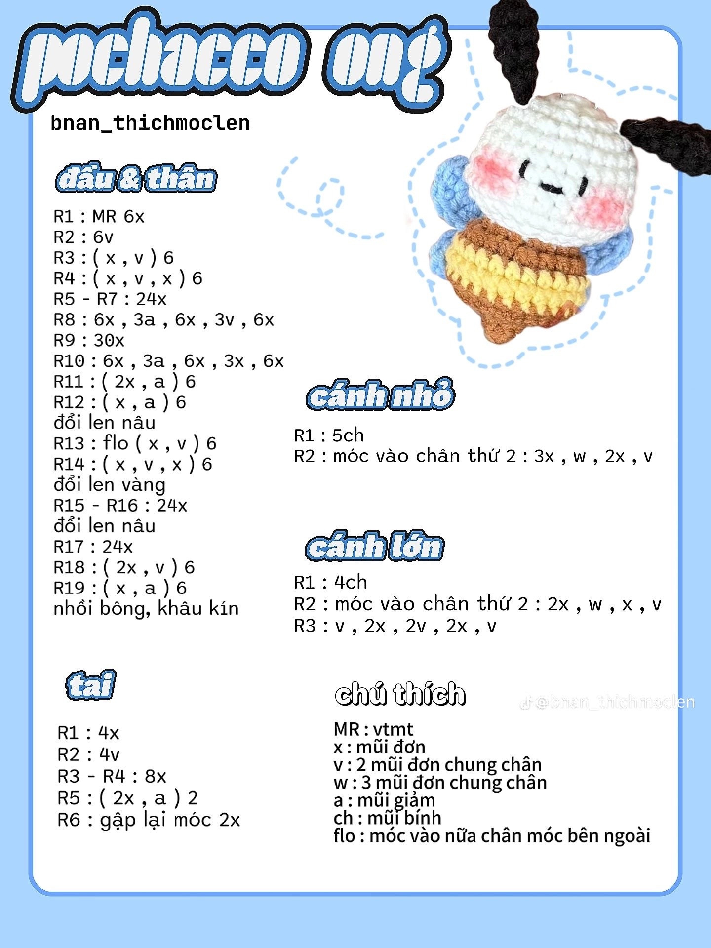 Chart móc len Ong Ngọt ngào dễ thương, hướng dẫn chi tiết từng hàng