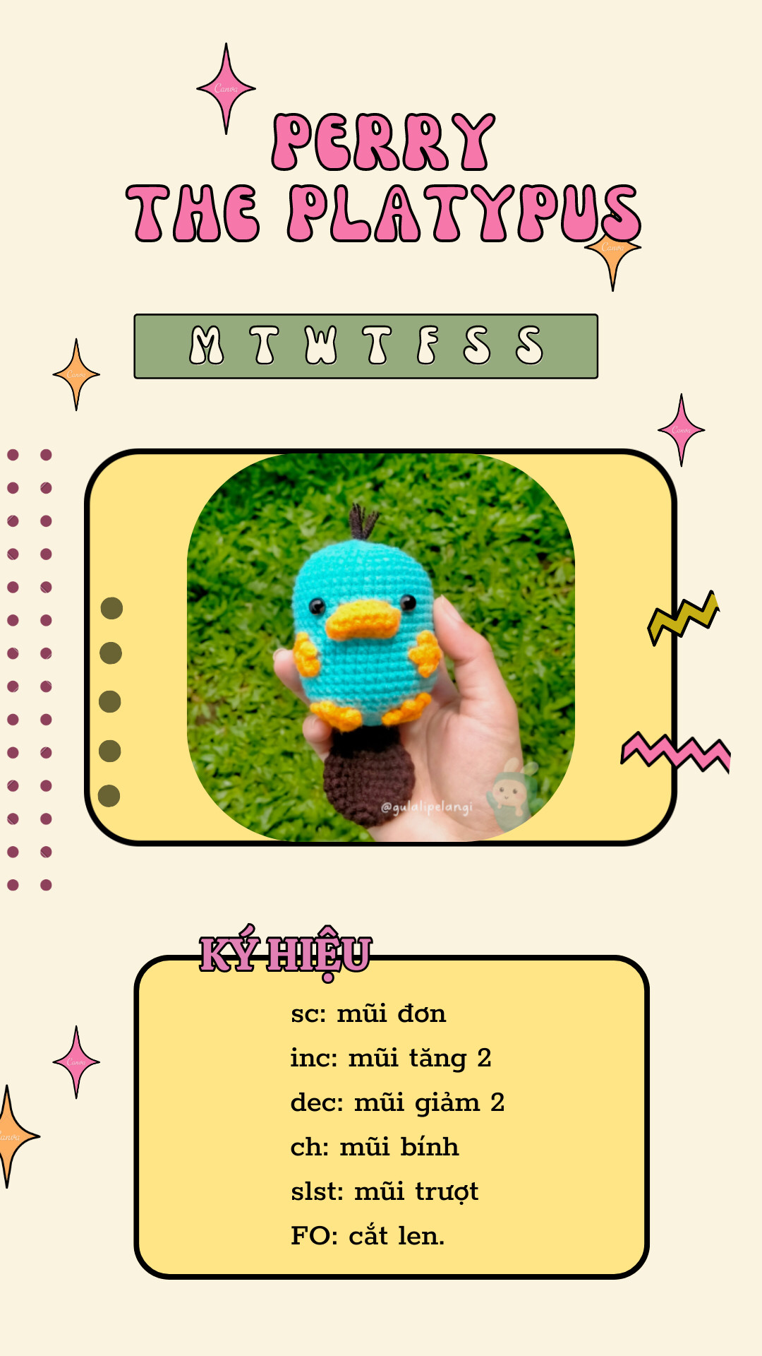 Chart móc len Perry The Platypus màu xanh, hướng dẫn chi tiết từng phần