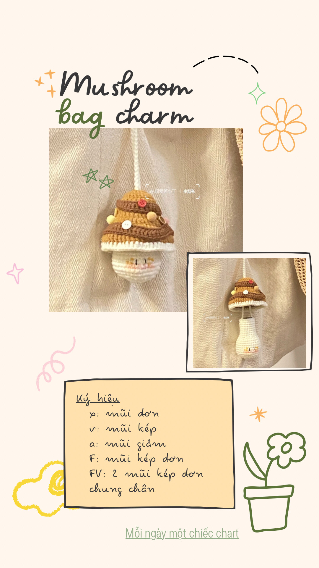 Chart móc len phụ kiện treo túi hình nấm dễ thương