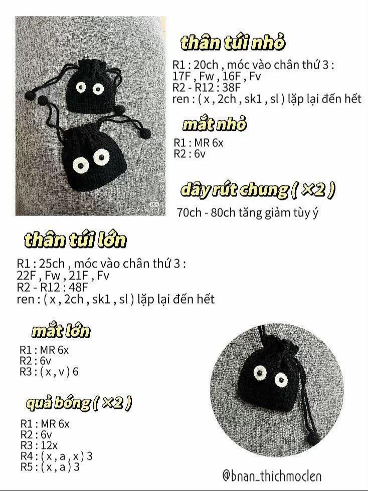 Chart móc len phù thủy bọ hóng và túi nhỏ mắt to dễ thương