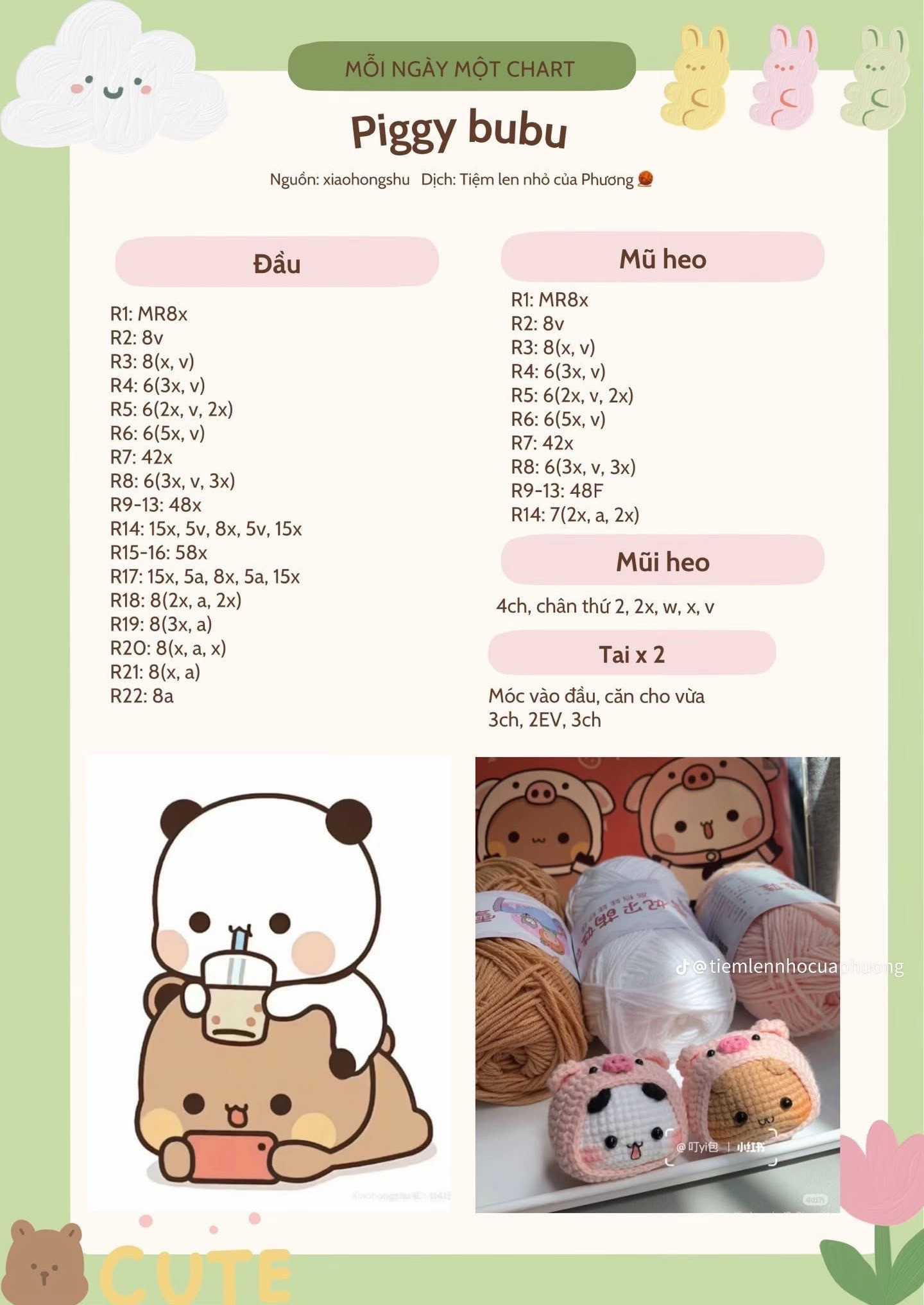Chart móc len Piggy Bubu - Búp bê heo mũ dễ thương