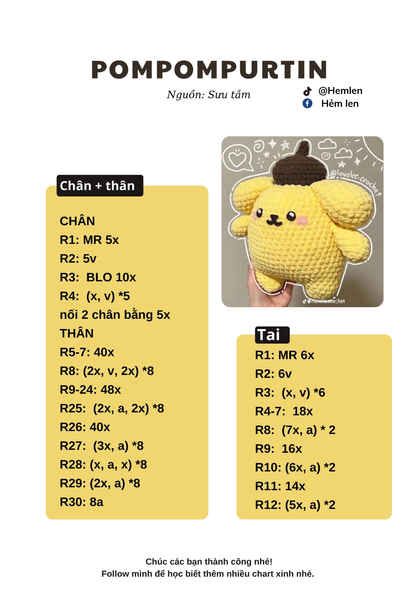 Chart móc len Pompompurin: Hướng dẫn chi tiết cách làm búp bê gấu vàng dễ thương