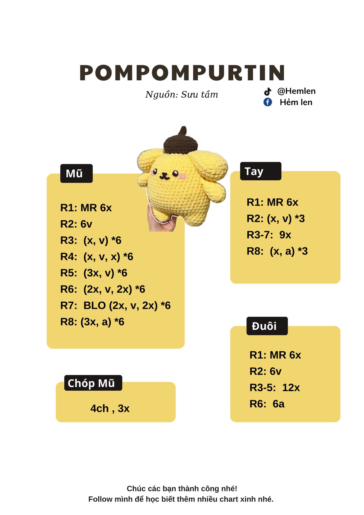 Chart móc len Pompompurin: Hướng dẫn chi tiết cách làm búp bê gấu vàng dễ thương