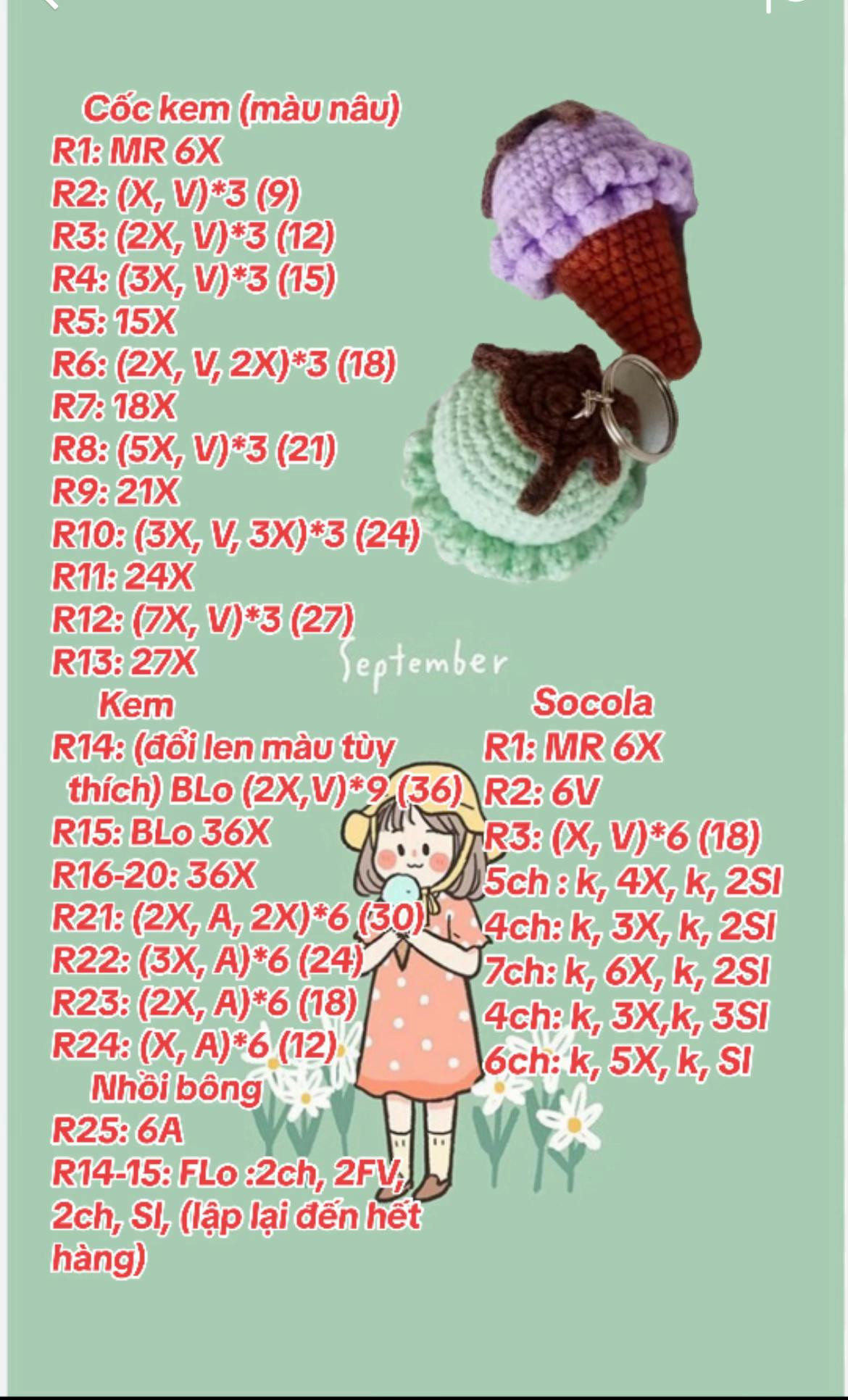 Chart móc len que kem mini xanh và tím dễ thương