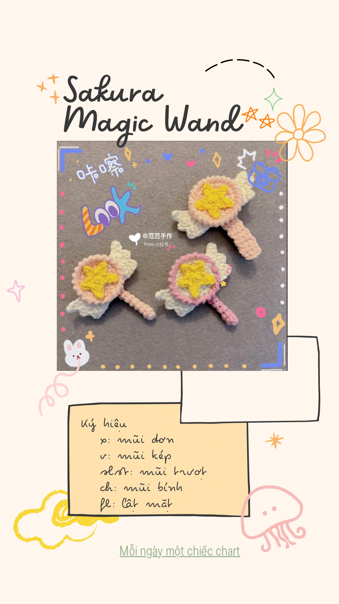 Chart móc len que phép Sakura Cardcaptor màu hồng và vàng