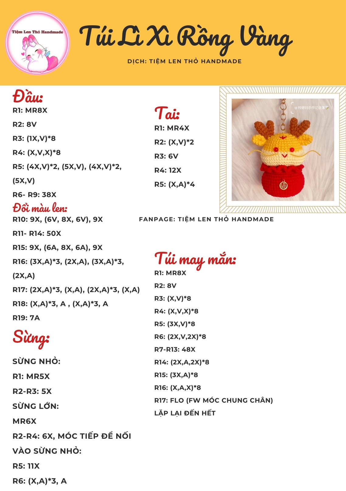 Chart móc len rỗng nhỏ và túi lì xì rồng vàng