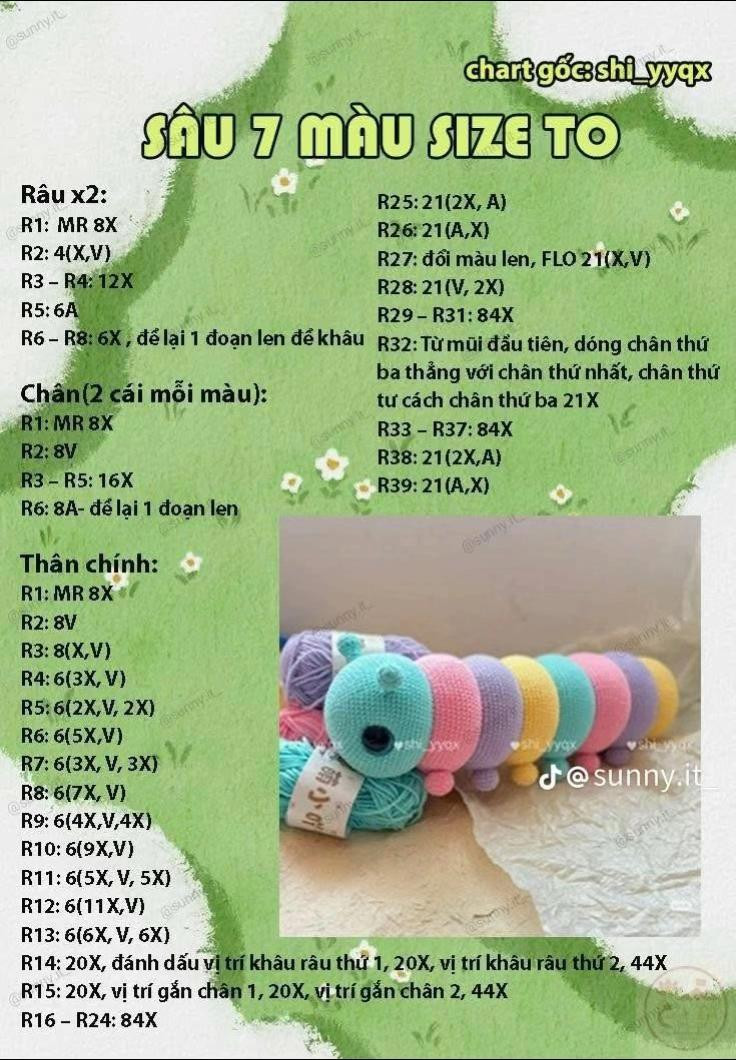 Chart móc len Sâu 7 màu Size TO - Hướng dẫn chi tiết từng hàng