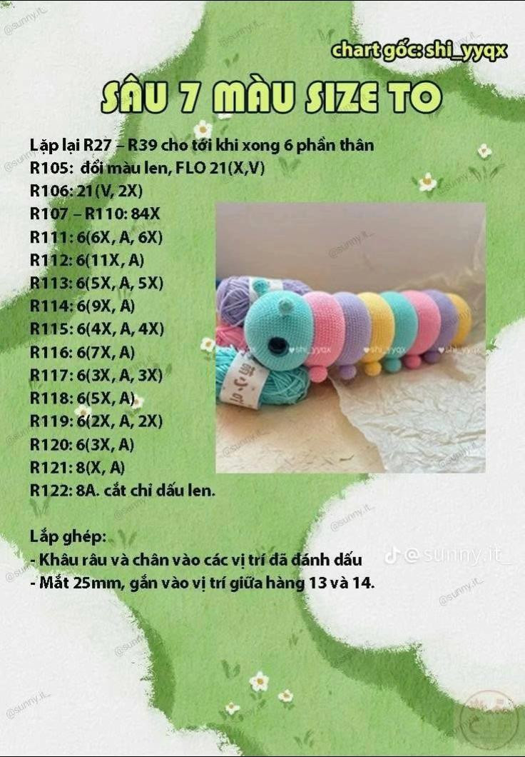 Chart móc len Sâu 7 màu Size TO - Hướng dẫn chi tiết từng hàng