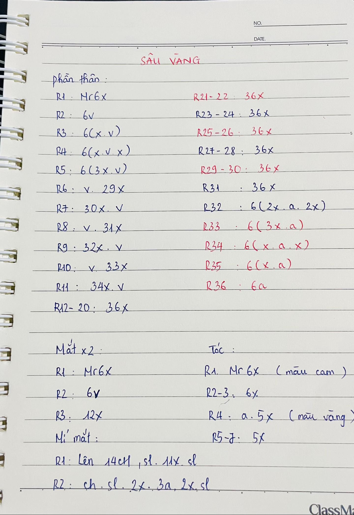 Chart móc len Sâu Vàng và Sâu Đỏ, hướng dẫn chi tiết từng hàng