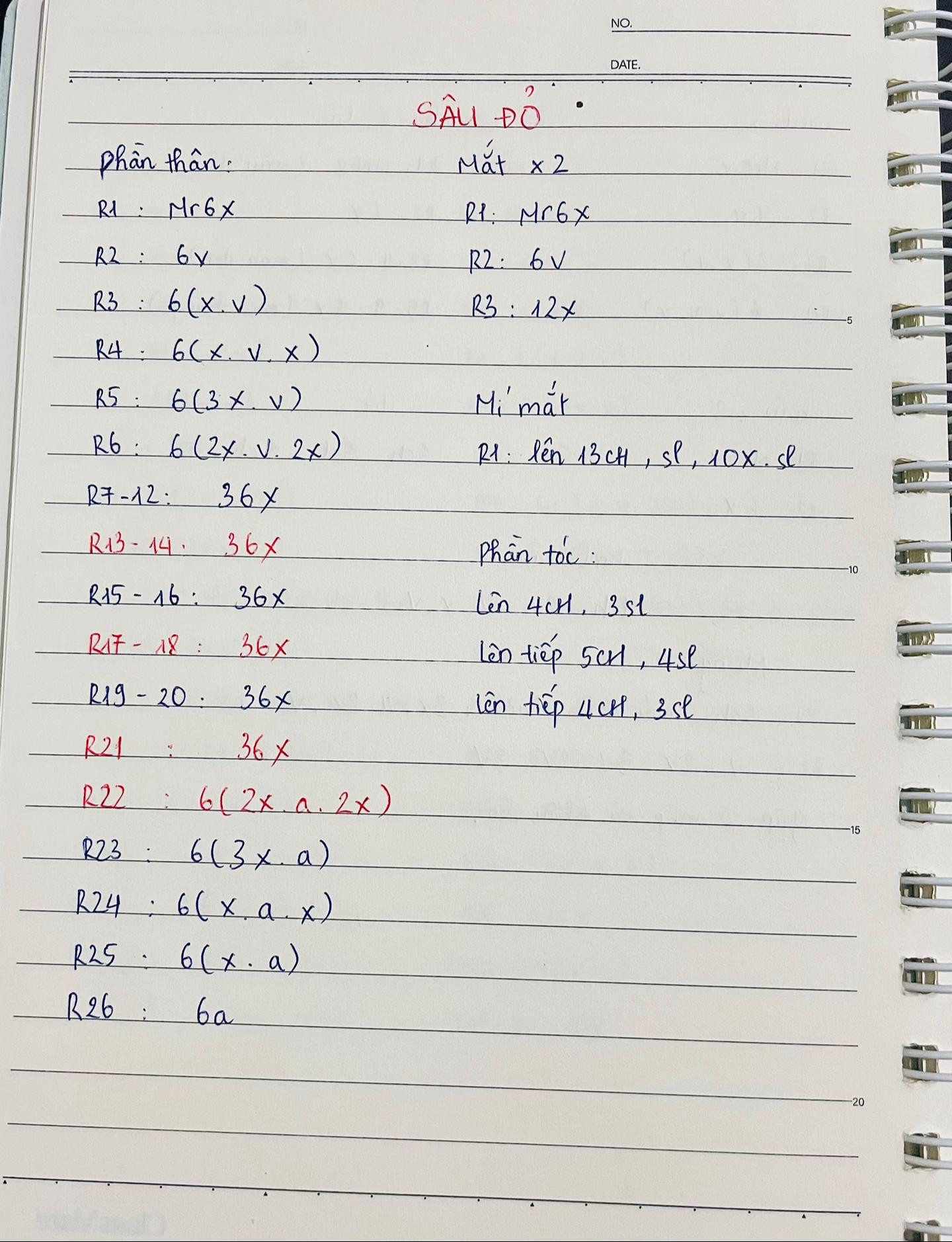 Chart móc len Sâu Vàng và Sâu Đỏ, hướng dẫn chi tiết từng hàng