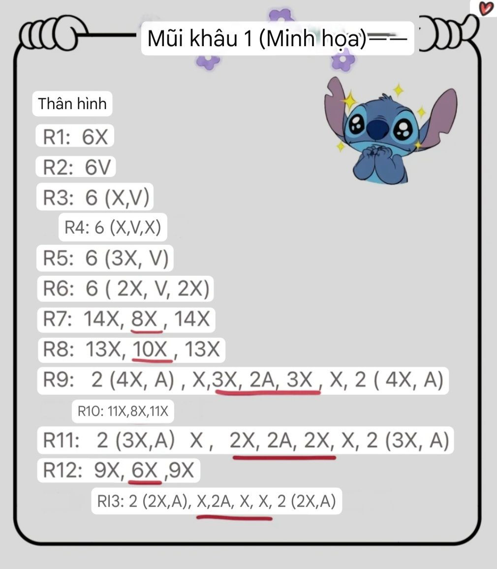 Chart Móc Len Stitch: Hướng dẫn chi tiết móc búp bê Stitch xanh