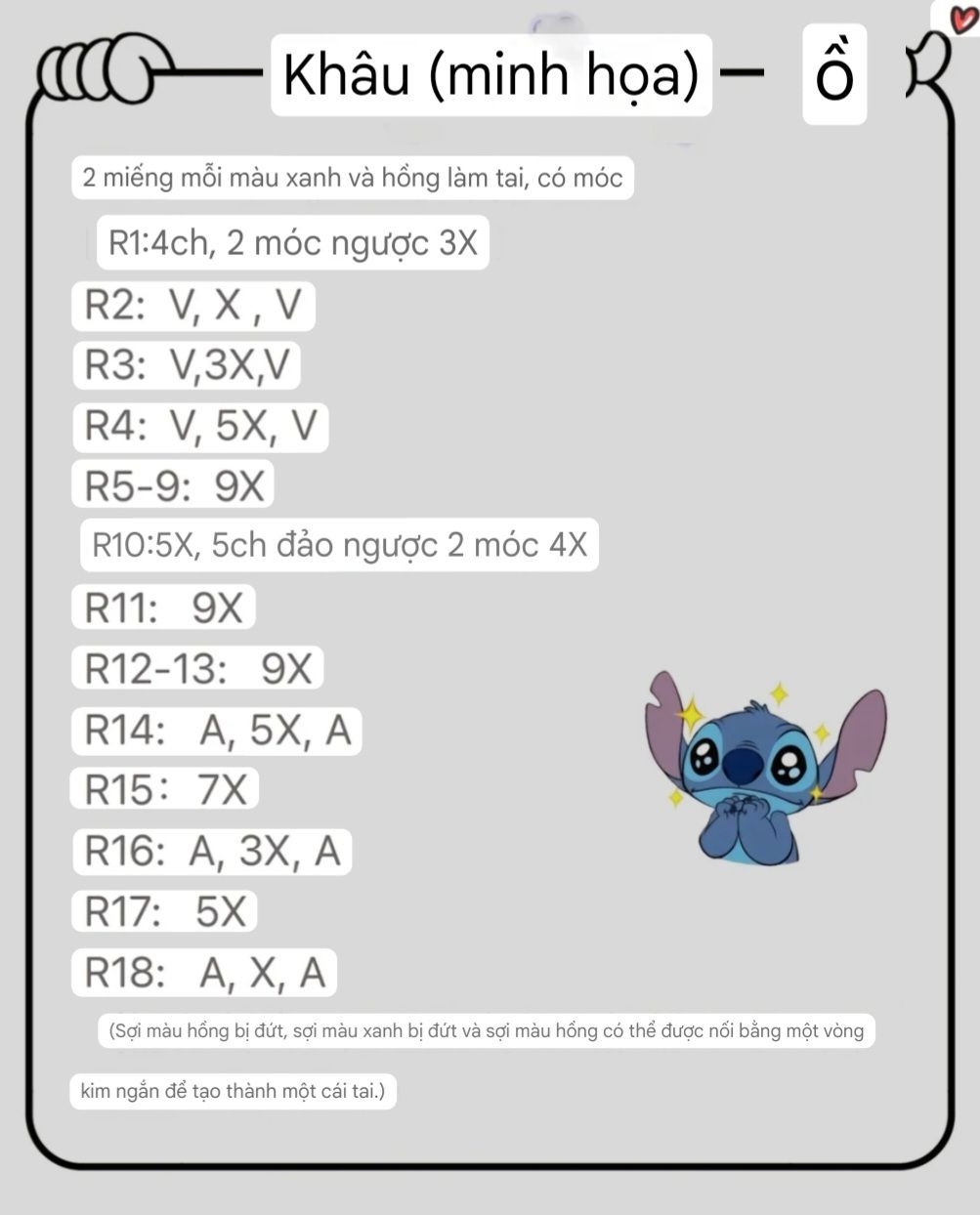 Chart Móc Len Stitch: Hướng dẫn chi tiết móc búp bê Stitch xanh