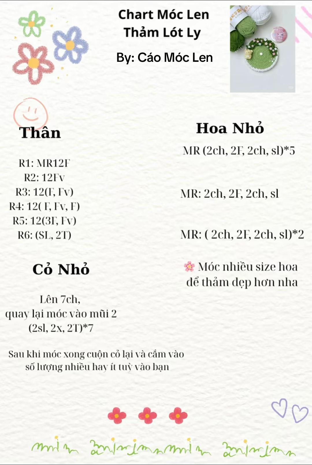 Chart Móc Len Thảm Lót Ly Hình Gấu và Hoa Mini
