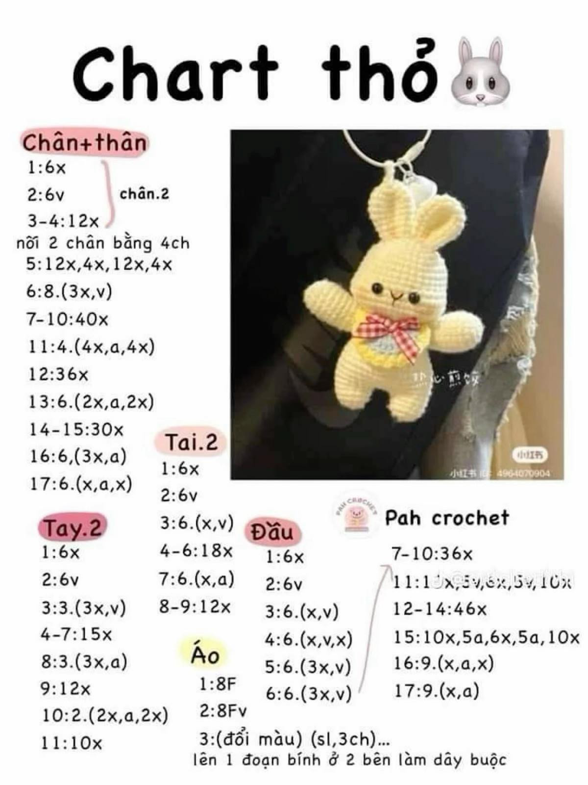 Chart móc len thỏ amigurumi dễ thương, hướng dẫn chi tiết từng bước