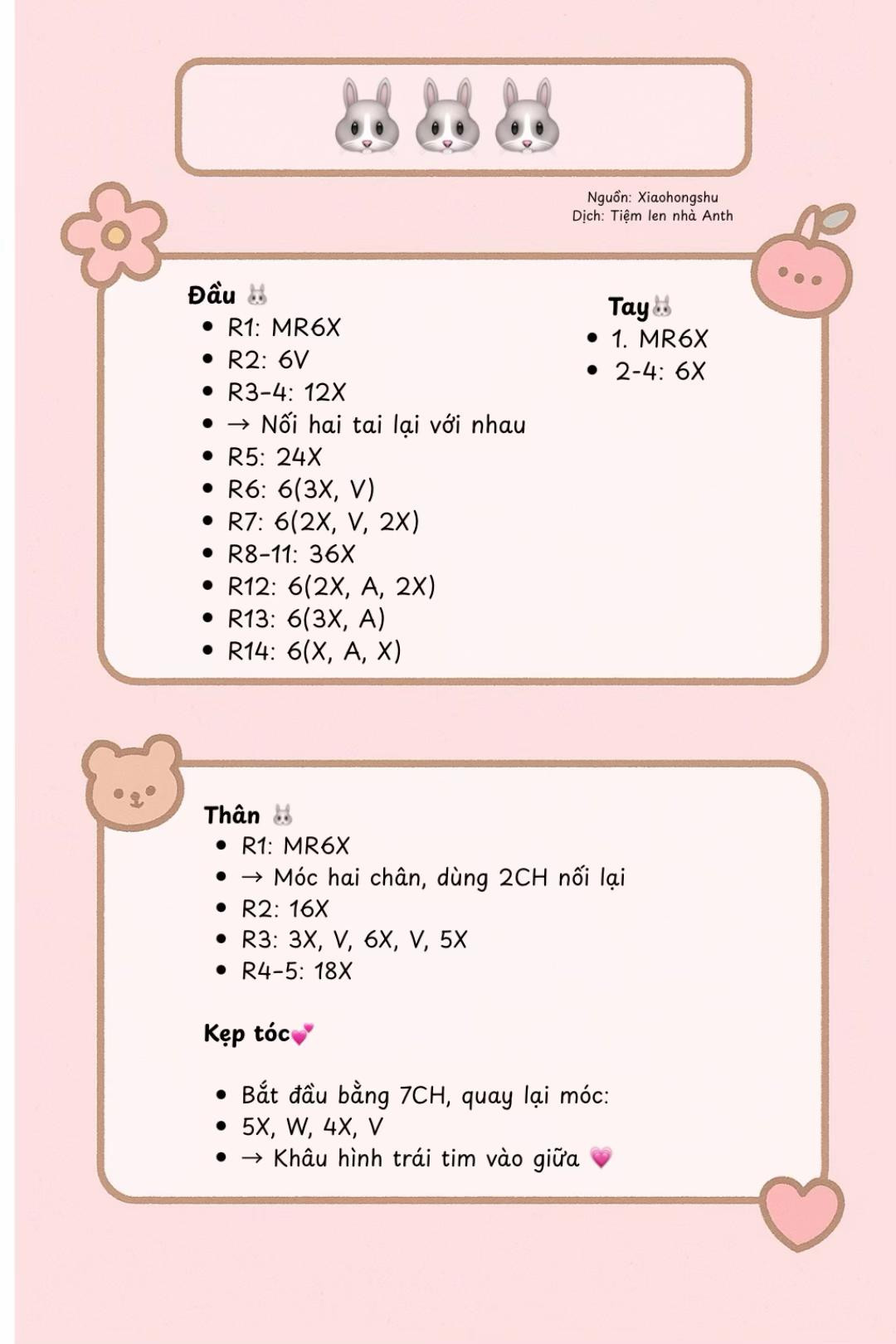 Chart móc len thỏ bông trắng dễ thương, có kẹp tóc và dây đeo
