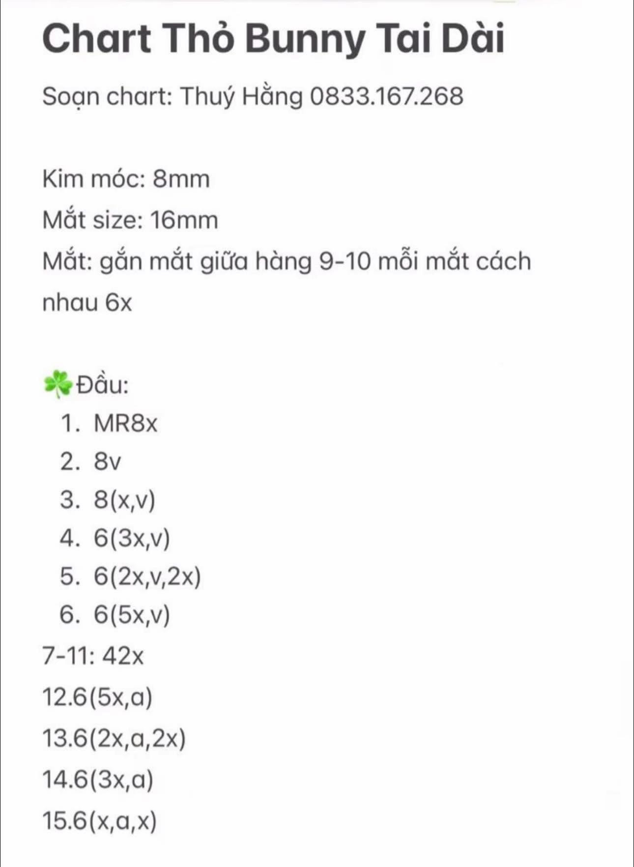 Chart Móc Len Thỏ Bunny Tai Dài Màu Trắng Hồng