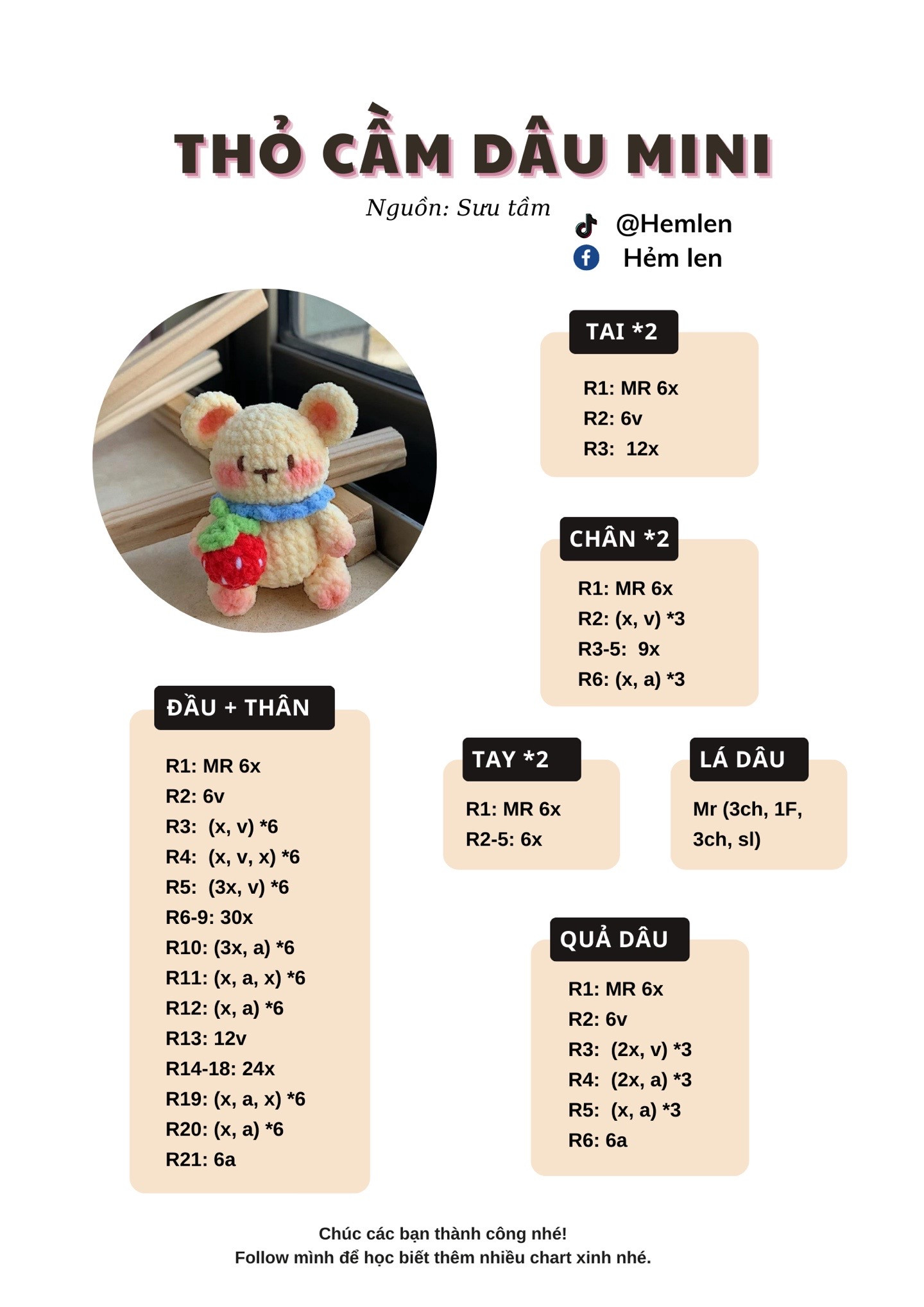 Chart móc len Thỏ cầm dâu mini dễ thương