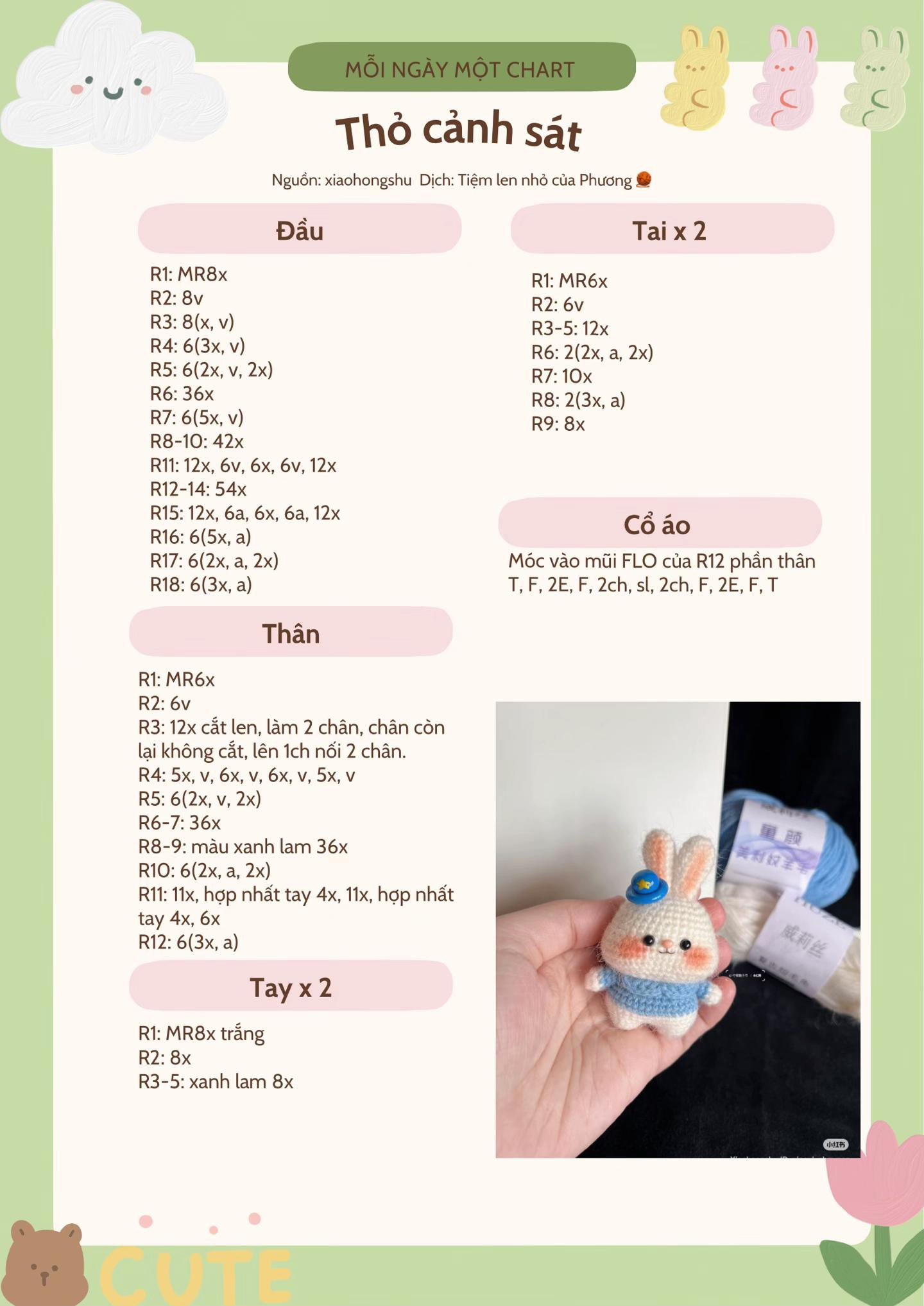 Chart móc len Thỏ cảnh sát dễ thương màu trắng xanh