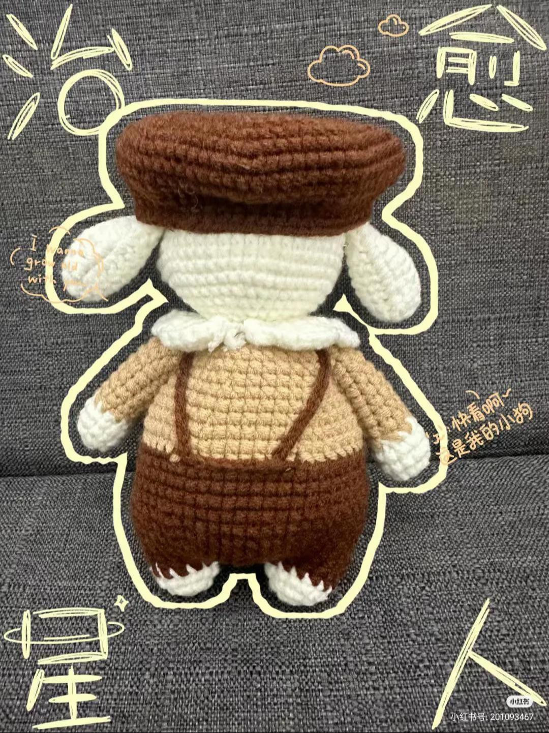 Chart móc len thỏ đeo kính, mặc áo liền quần và mũ nỉ màu nâu