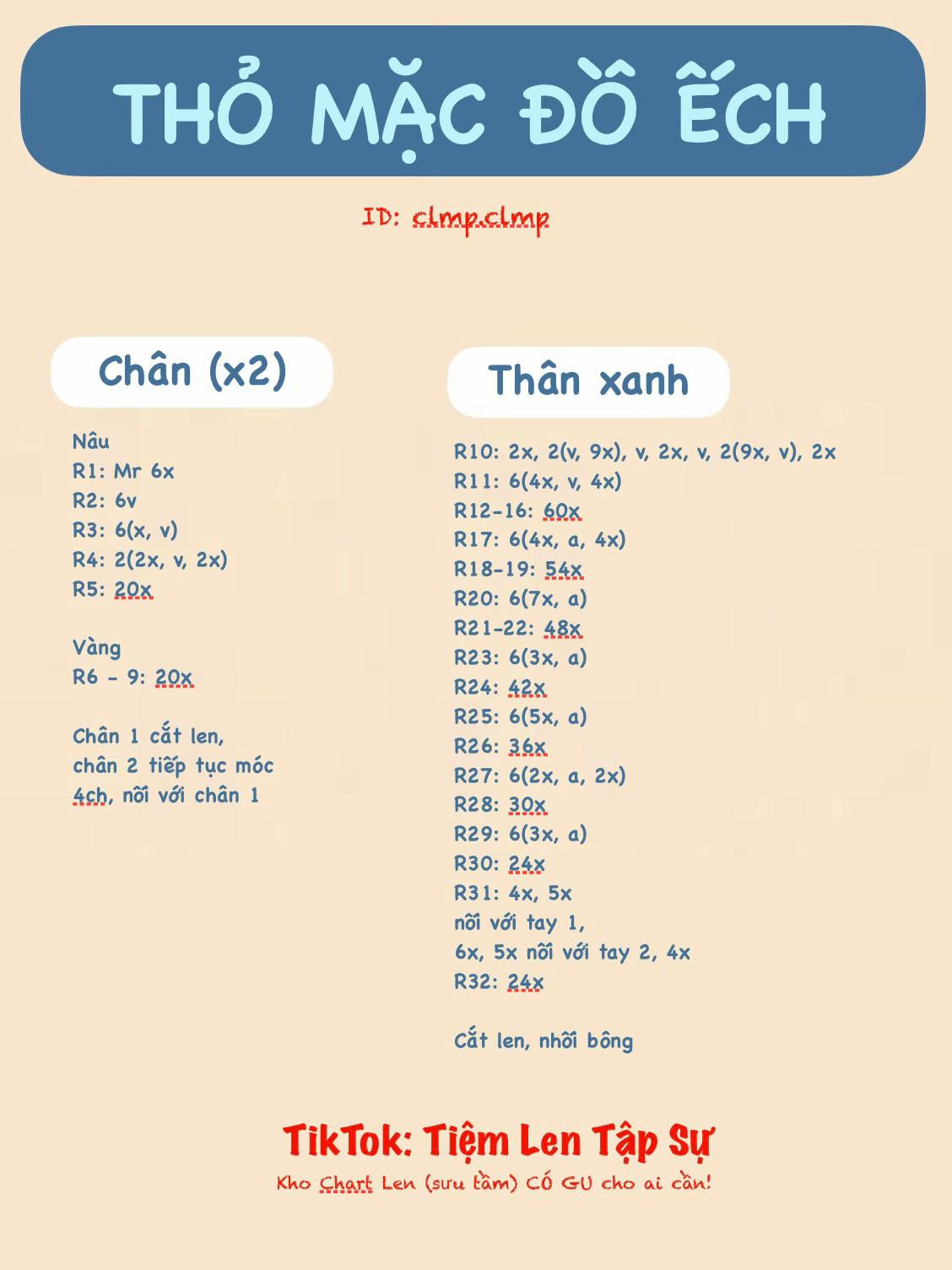 Chart Móc Len Thỏ Mặc Đồ Ếch: Hướng Dẫn Chi Tiết Móc Chân, Thân, Đầu Trắng, Mũ, Cánh Tay Và Tai Thỏ