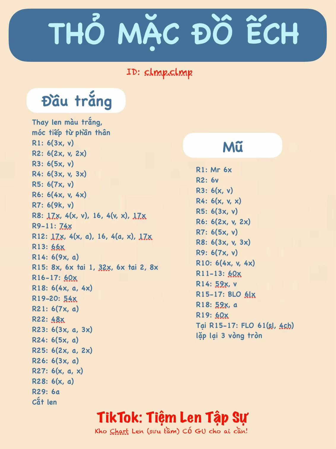 Chart Móc Len Thỏ Mặc Đồ Ếch: Hướng Dẫn Chi Tiết Móc Chân, Thân, Đầu Trắng, Mũ, Cánh Tay Và Tai Thỏ