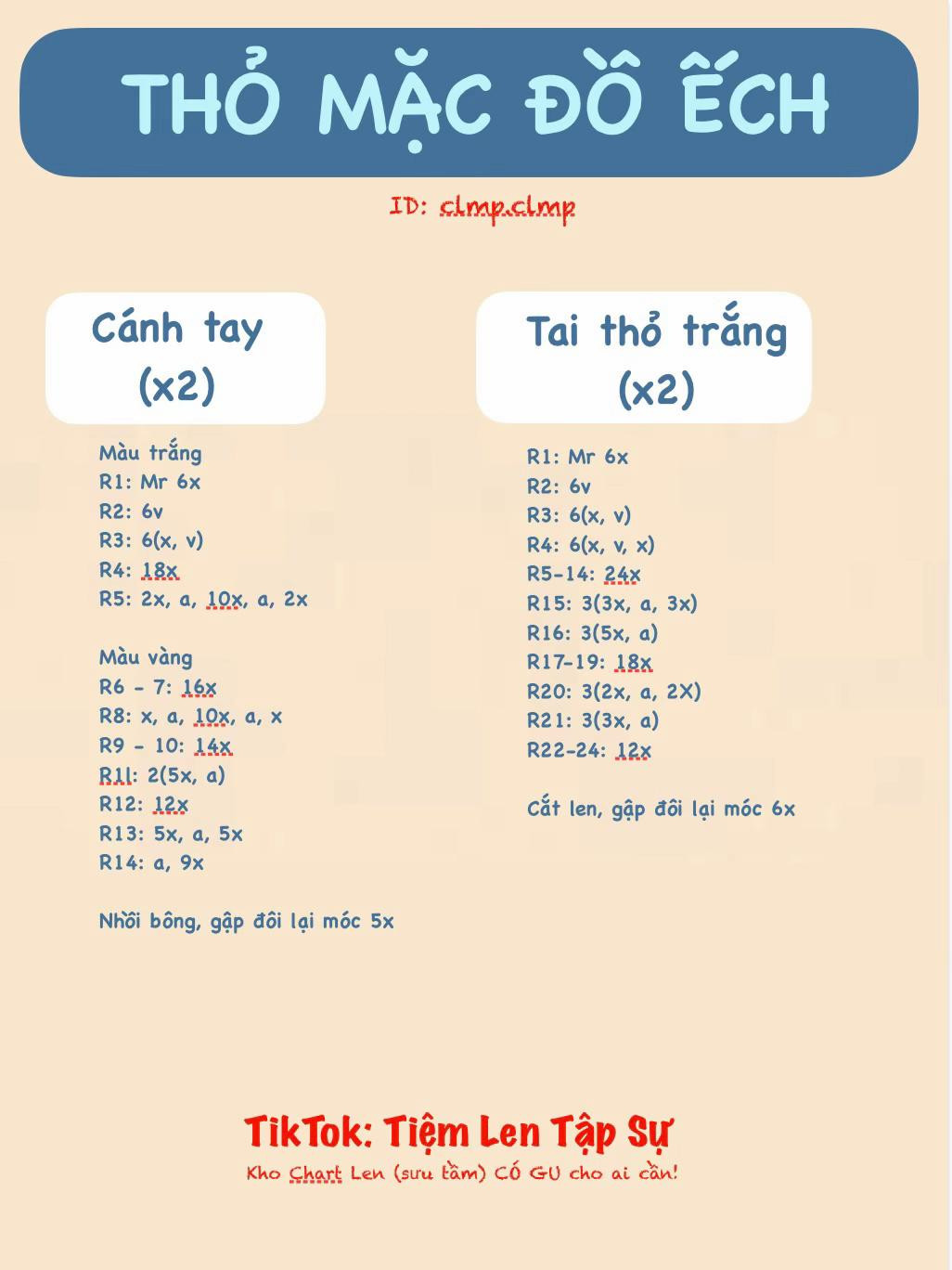 Chart Móc Len Thỏ Mặc Đồ Ếch: Hướng Dẫn Chi Tiết Móc Chân, Thân, Đầu Trắng, Mũ, Cánh Tay Và Tai Thỏ