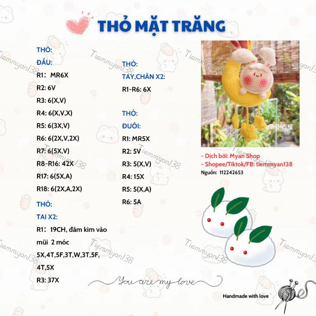 Chart Móc Len Thỏ Mặt Trăng - Hướng Dẫn Chi Tiết Móc Thỏ Trắng, Gấu Đen Ngồi Trên Trăng Và Ngôi Sao