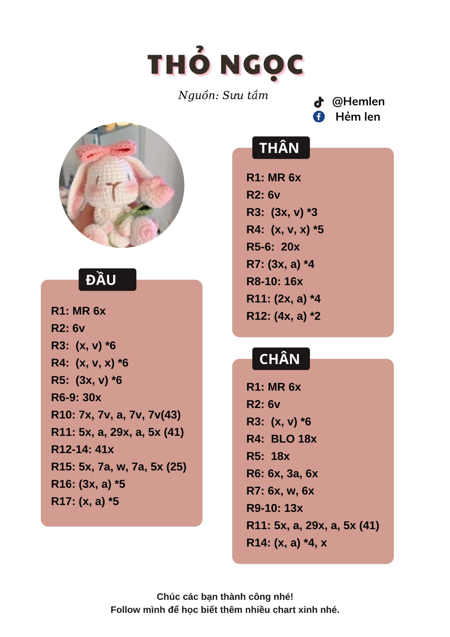 Chart móc len Thỏ Ngọc cầm hoa hồng màu trắng hồng