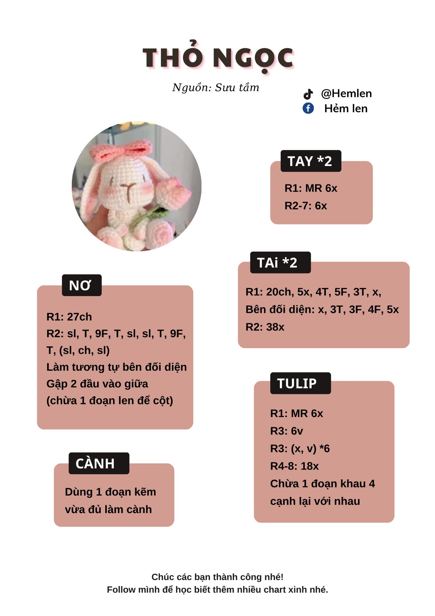 Chart móc len Thỏ Ngọc cầm hoa hồng màu trắng hồng