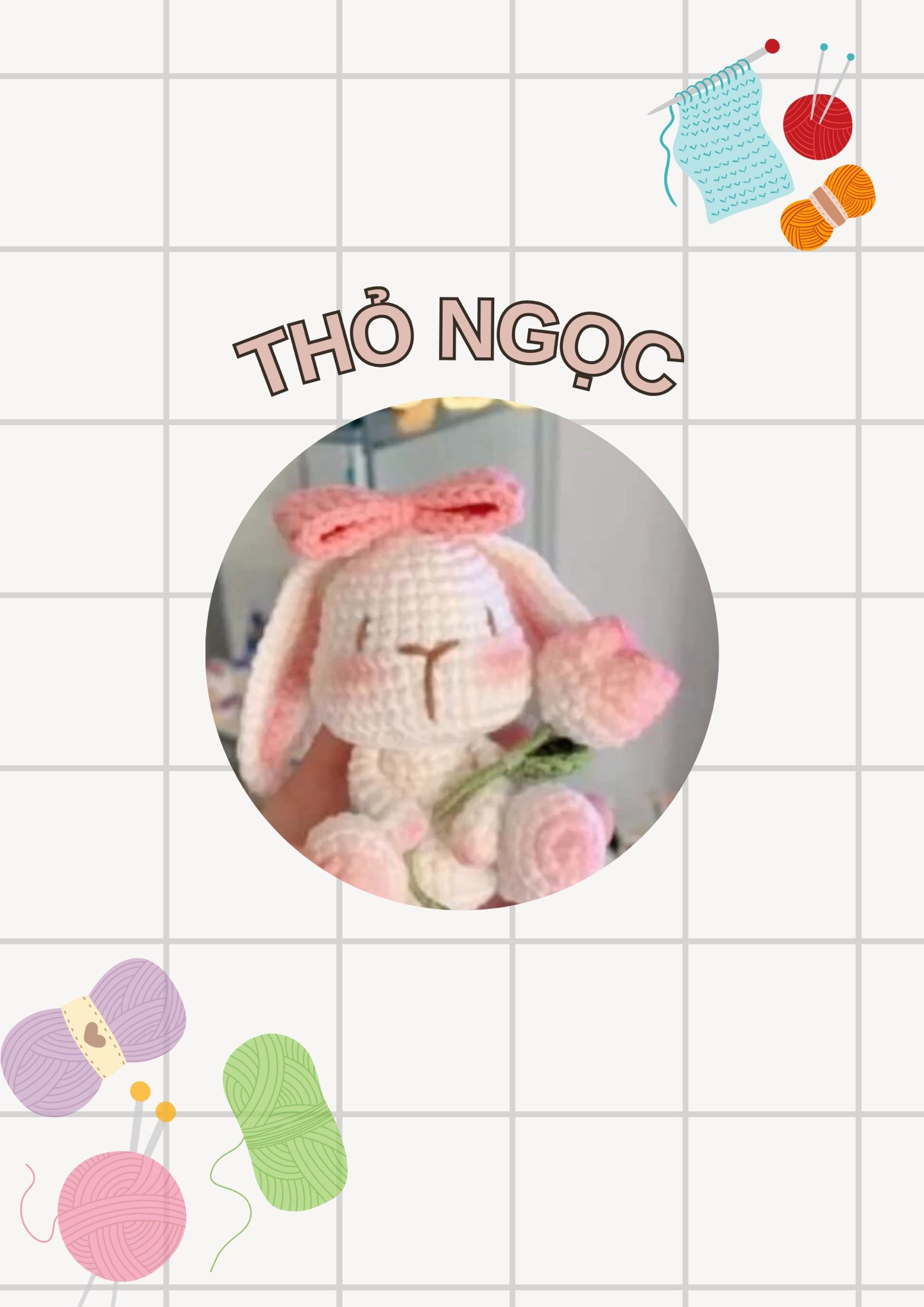 Chart móc len Thỏ Ngọc cầm hoa hồng màu trắng hồng