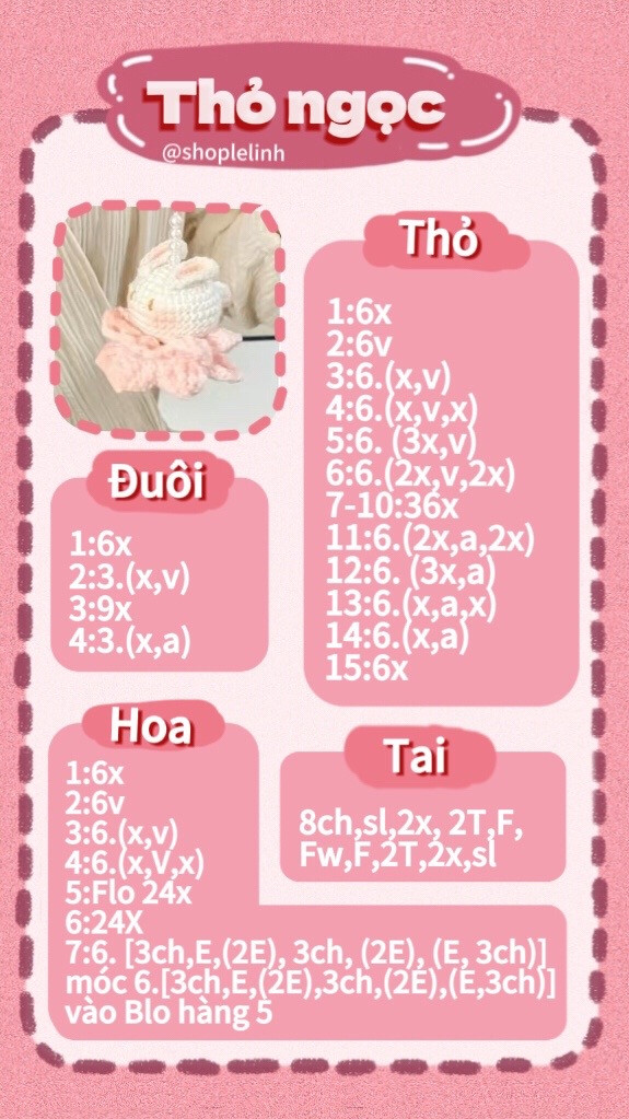 Chart móc len Thỏ ngọc màu trắng và hoa hồng