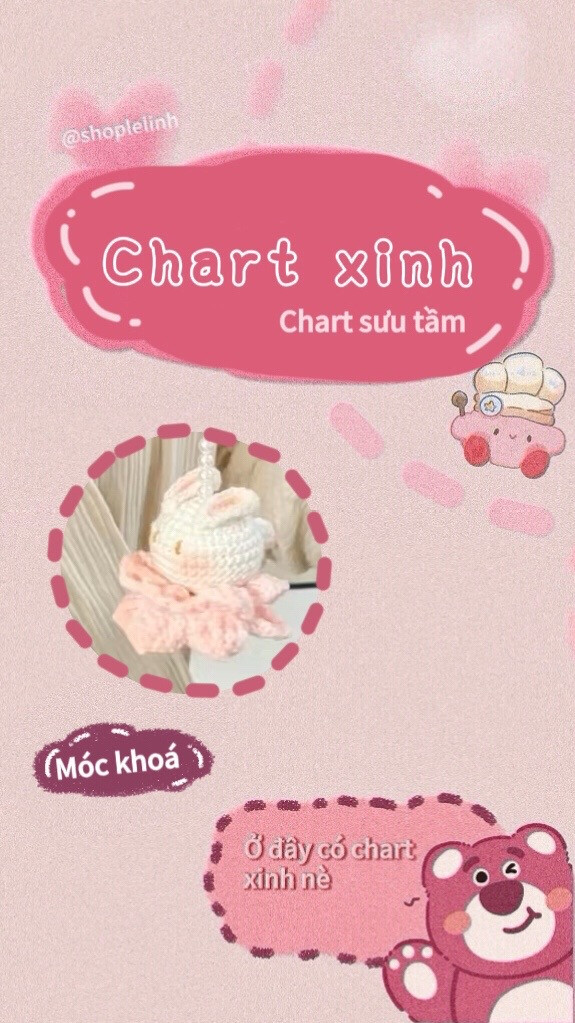 Chart móc len Thỏ ngọc màu trắng và hoa hồng