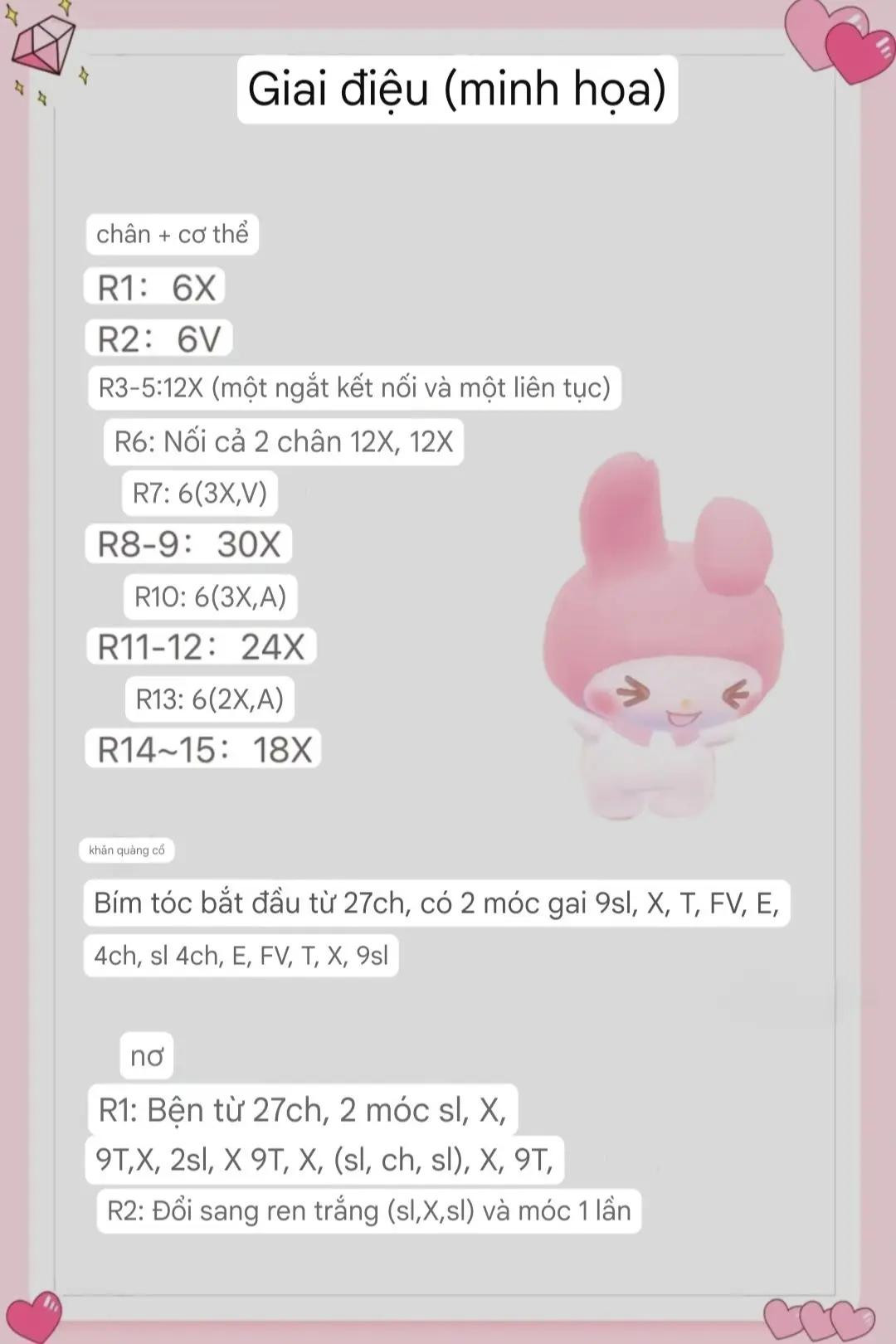 Chart Móc Len Thỏ Nơ: Hướng Dẫn Chi Tiết Cách Móc Búp Bê Thỏ Dễ Thương Màu Hồng Trắng