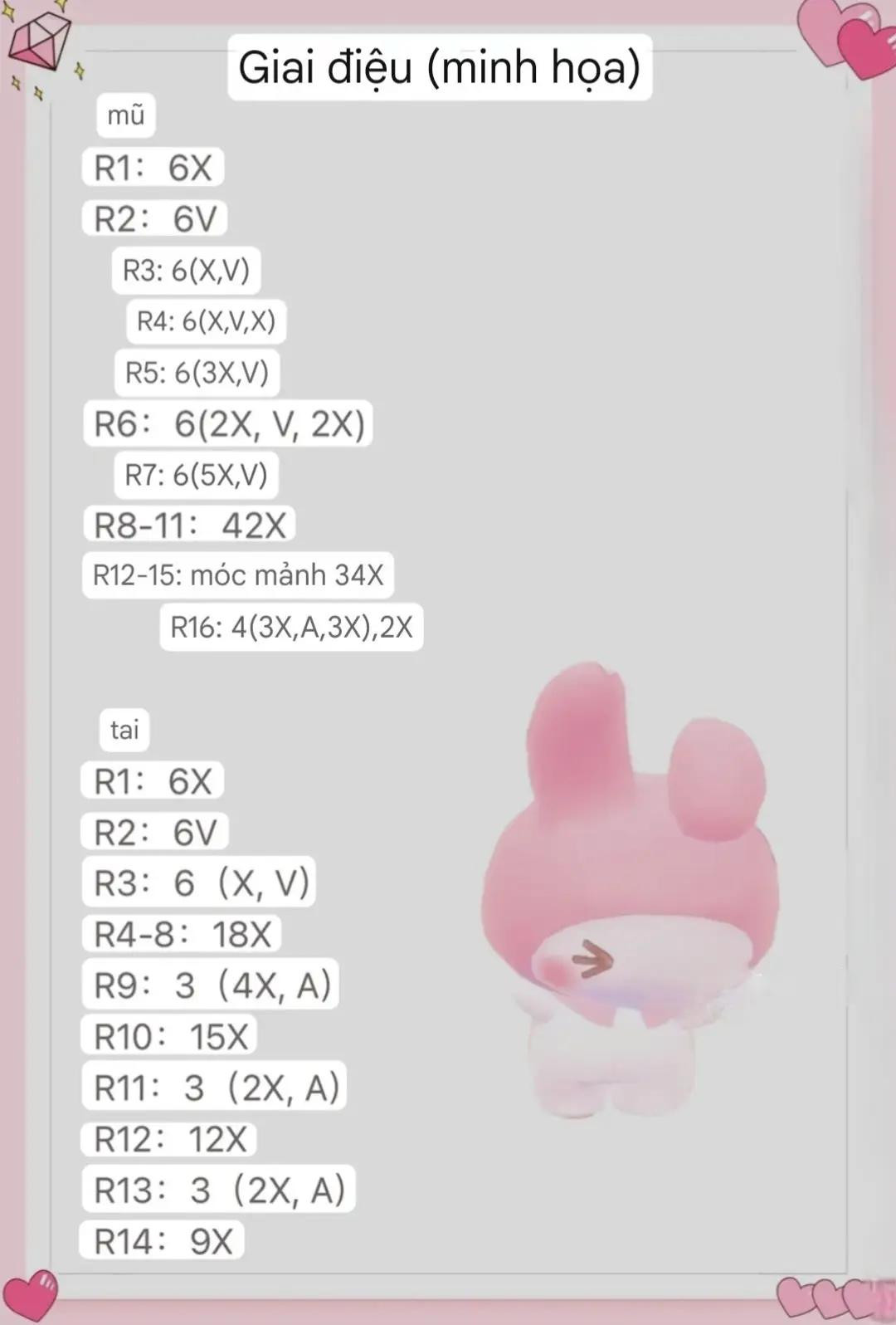 Chart Móc Len Thỏ Nơ: Hướng Dẫn Chi Tiết Cách Móc Búp Bê Thỏ Dễ Thương Màu Hồng Trắng