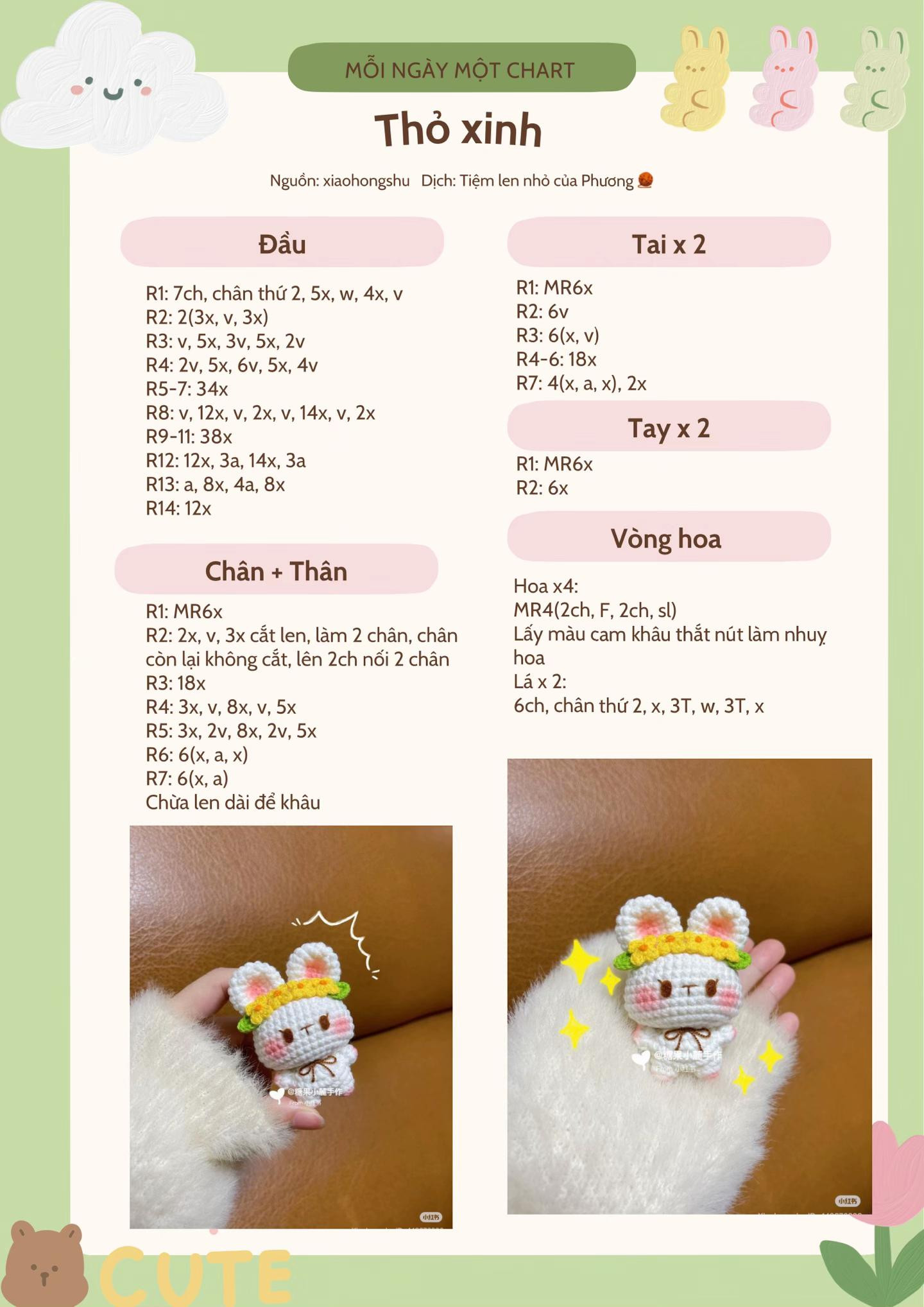 Chart móc len Thỏ xinh đội vòng hoa vàng