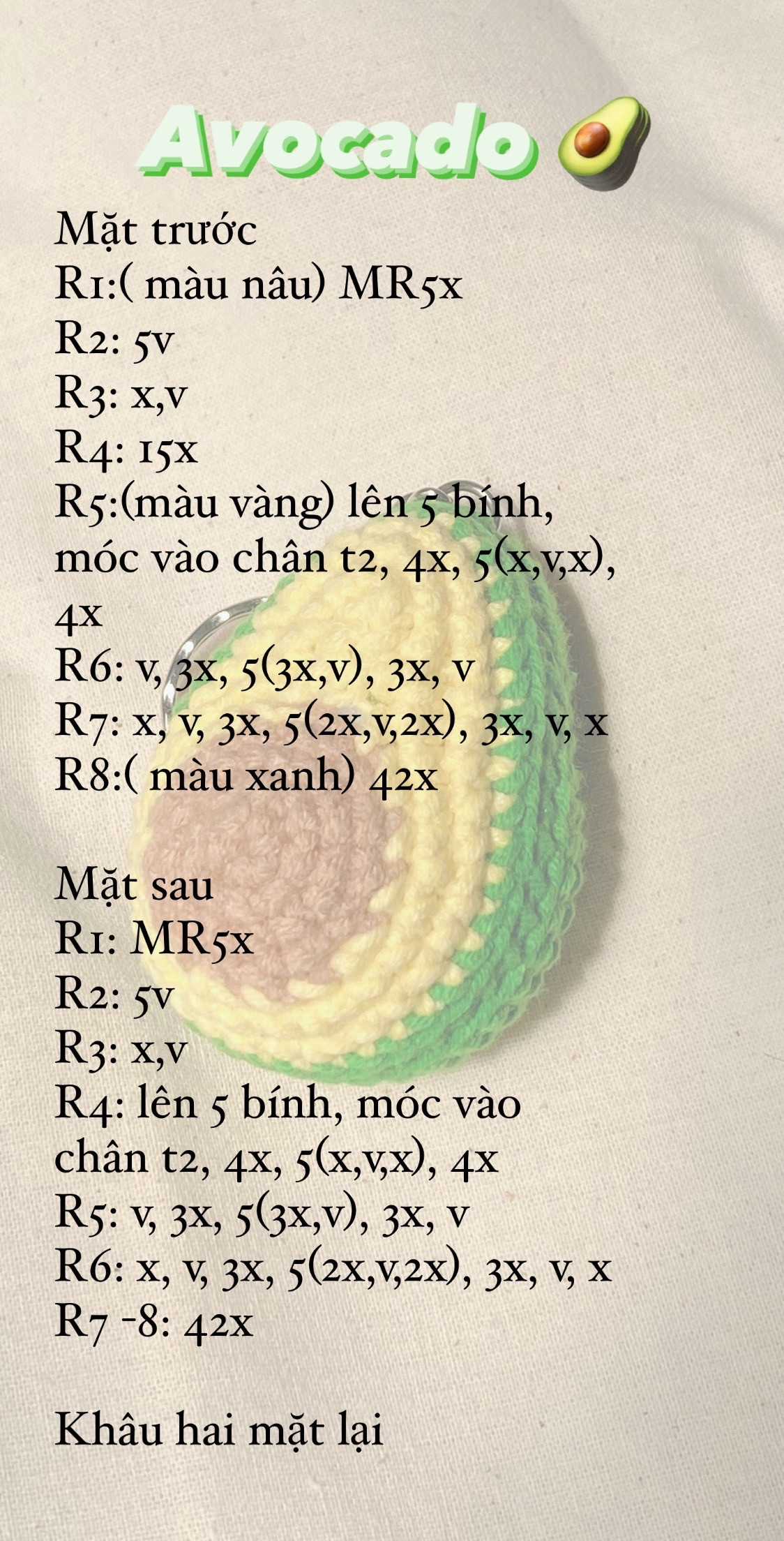 Chart móc len trái bơ dễ thương, hướng dẫn chi tiết từng hàng