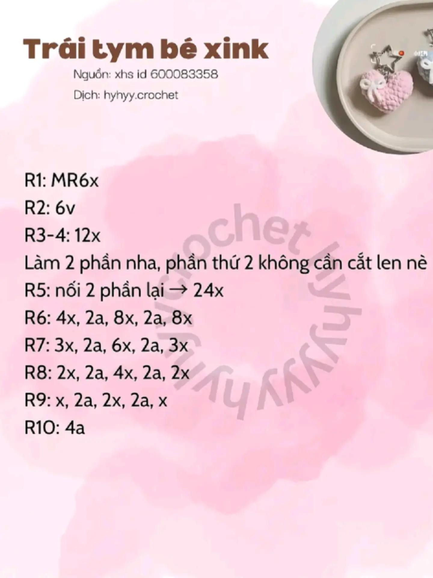 Chart móc len Trái tim bé xinh màu hồng