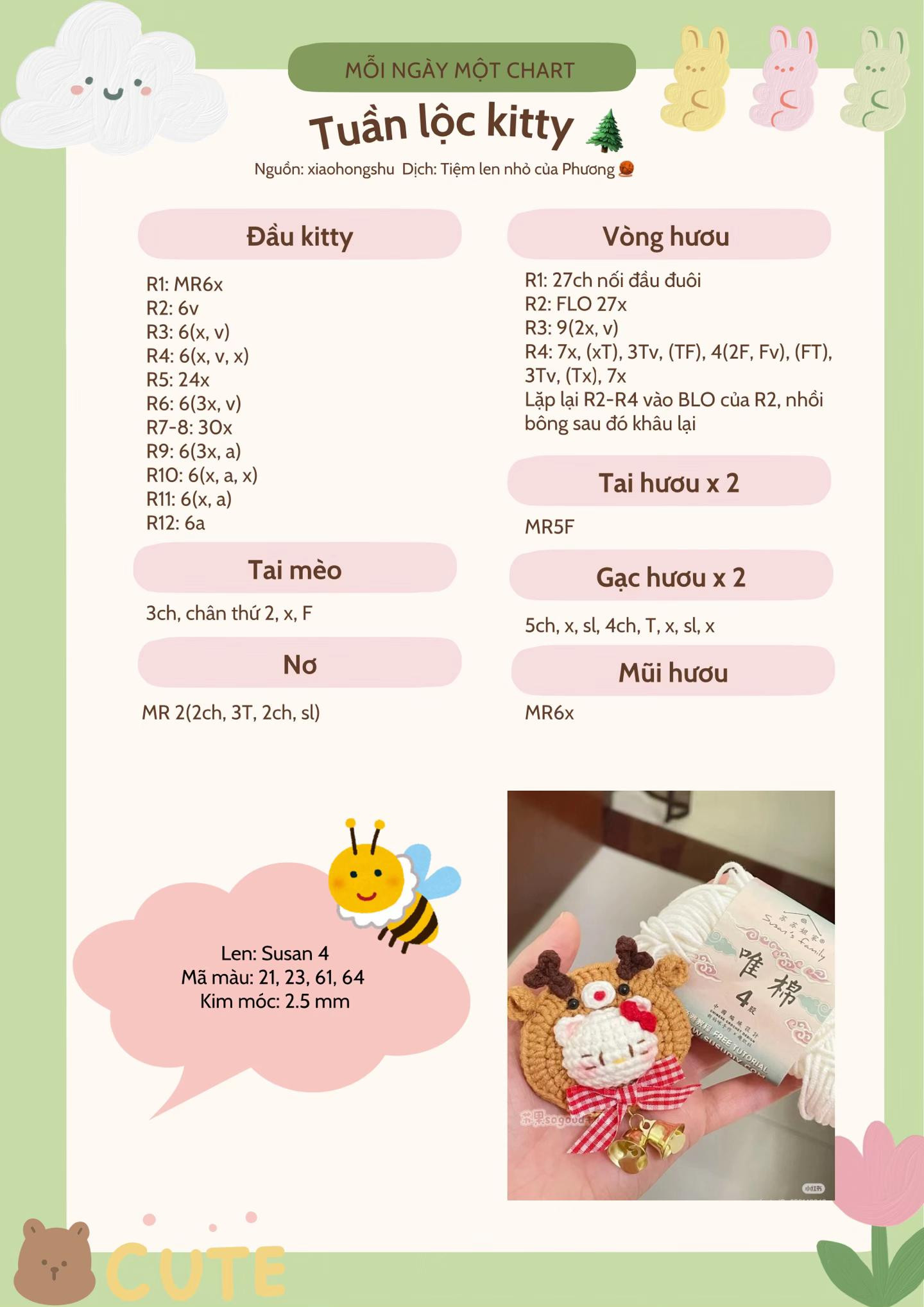 Chart Móc Len Tuần Lộc Kitty - Hướng dẫn từng hàng chi tiết