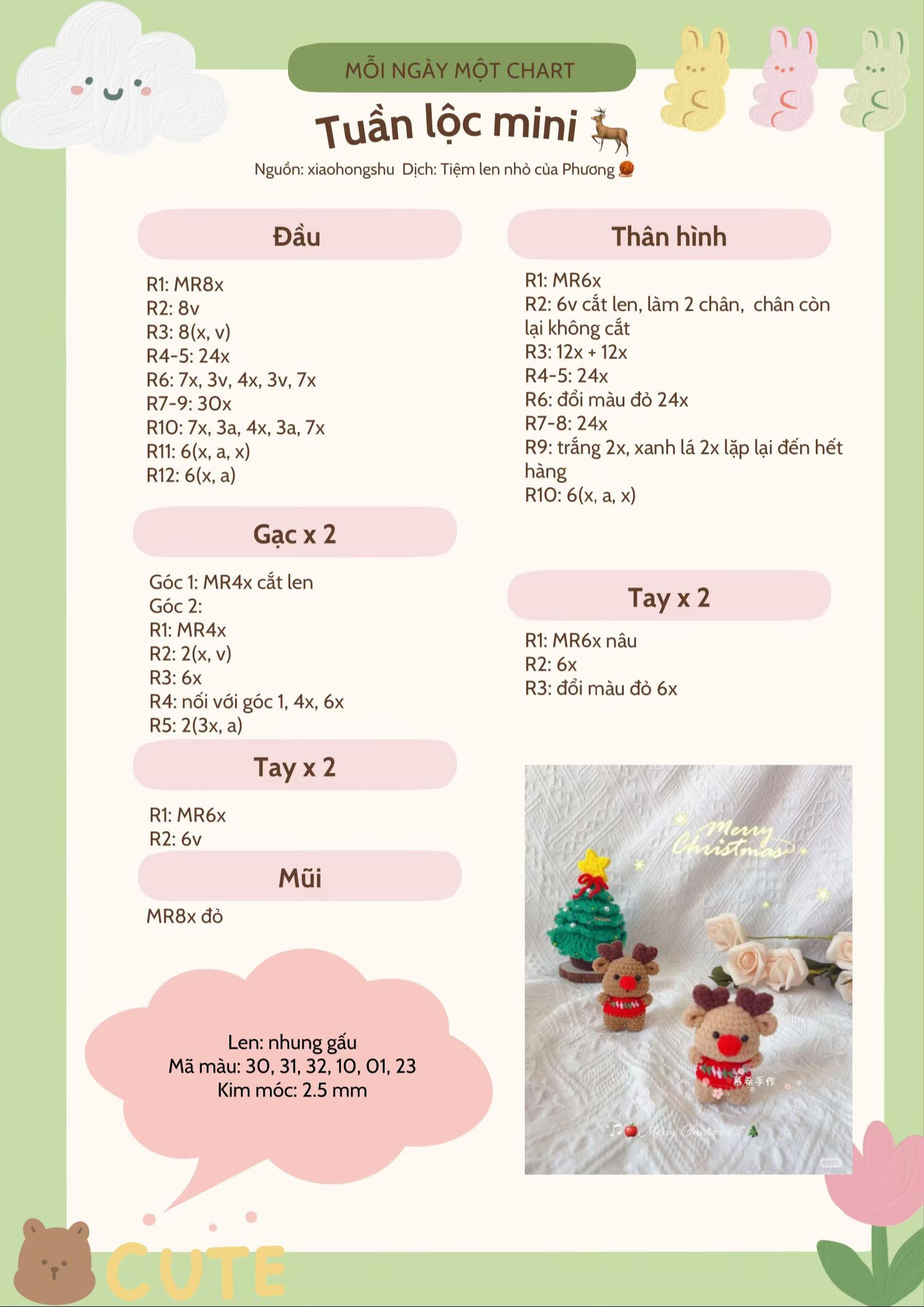 Chart móc len tuần lộc mini Noel dễ thương, hướng dẫn từng hàng