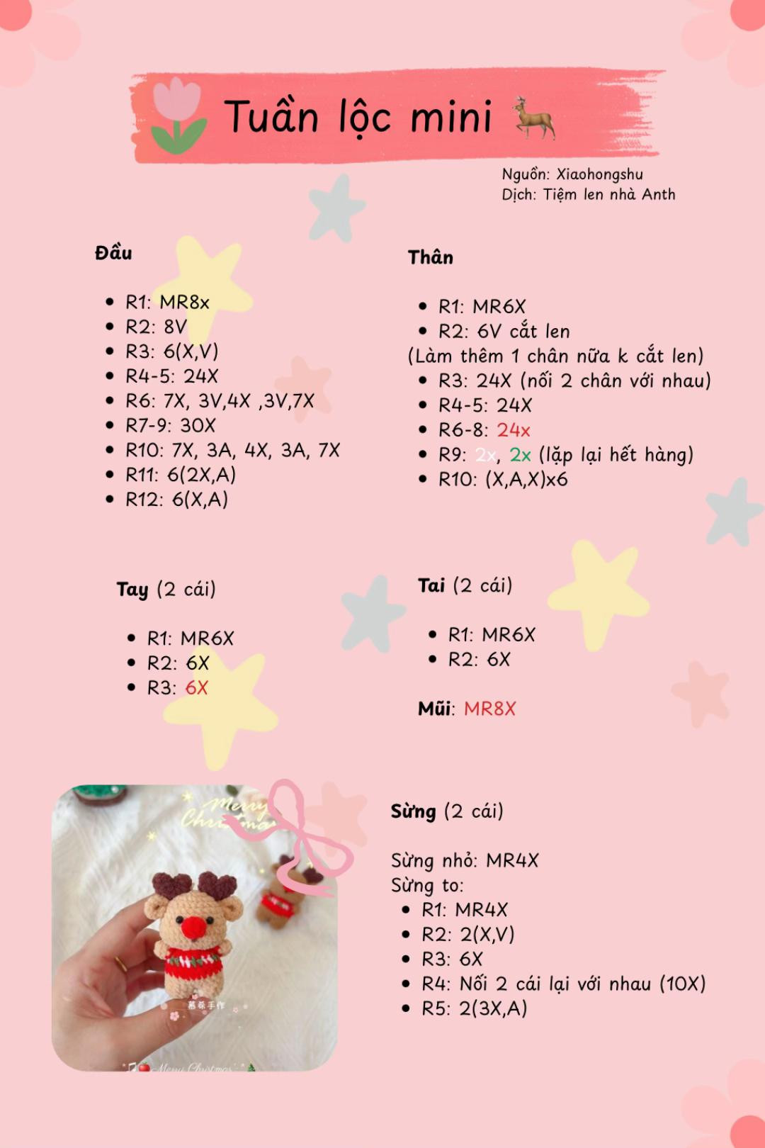 Chart móc len Tuần lộc mini Noel, mặc áo đỏ