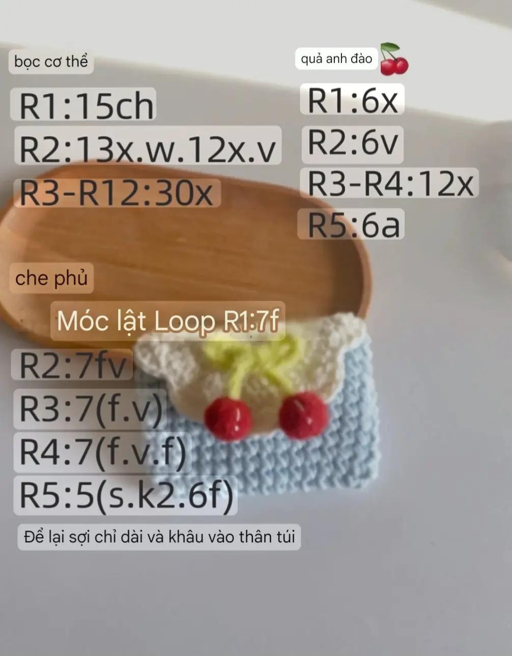 Chart Móc Len Túi Cherry Màu Xanh Trắng