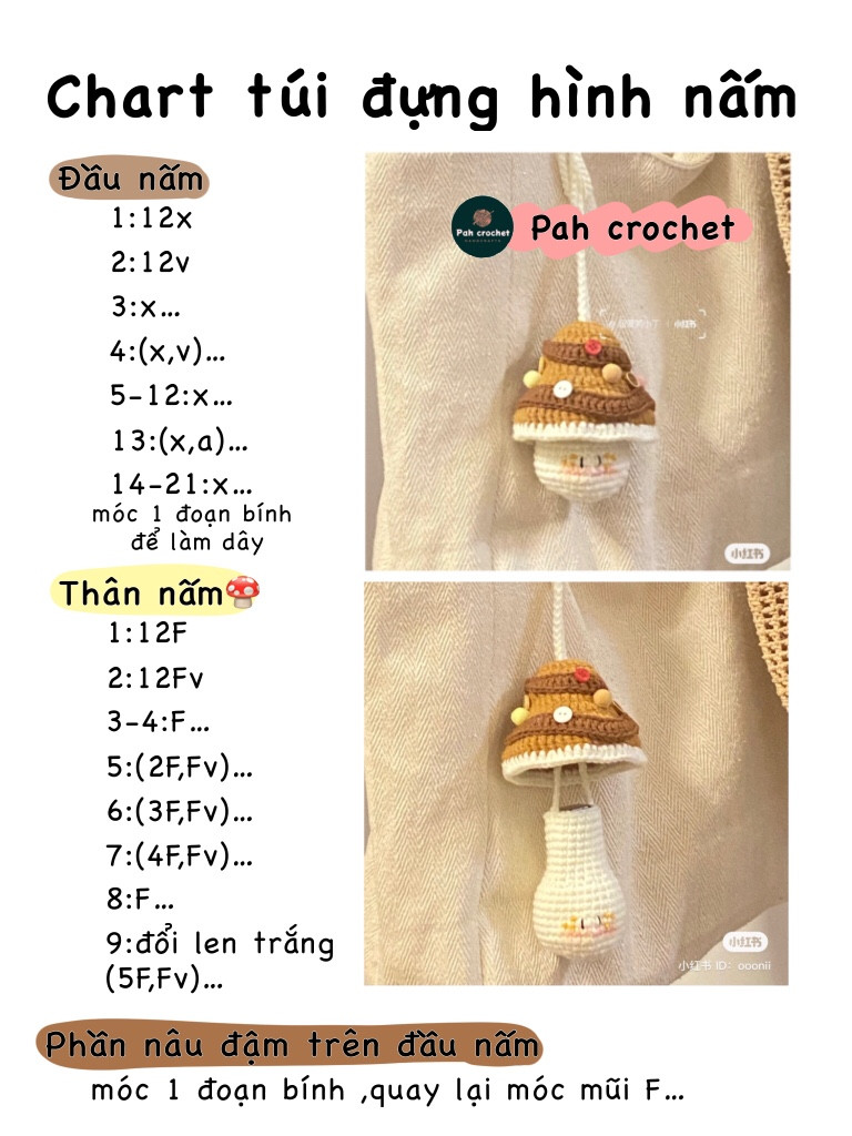 Chart móc len túi đựng hình nấm màu nâu trắng
